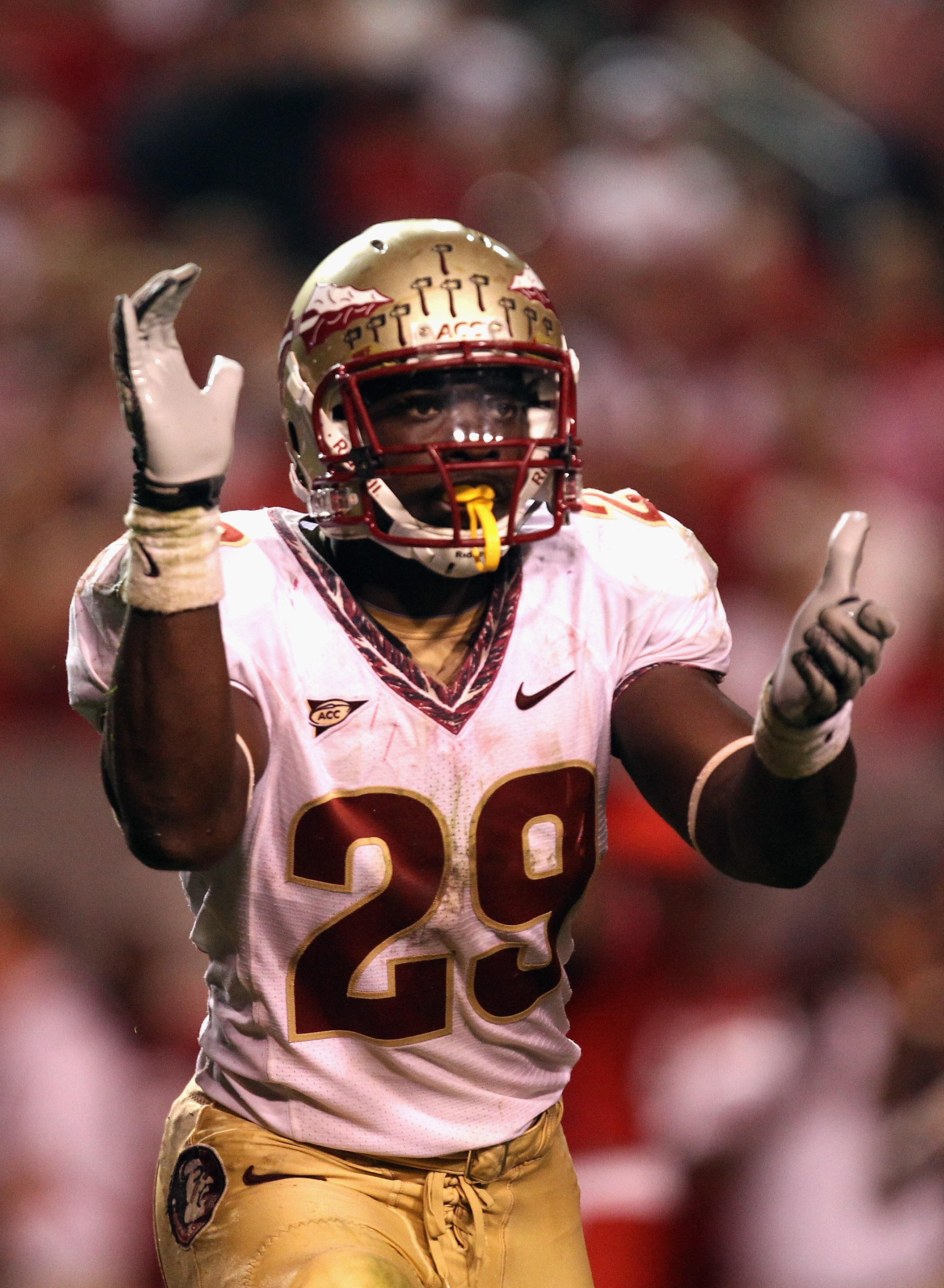 RALEIGH, NC - OCTOBER 28: Kendall Smith #29 of the Florida State Seminoles celebrates after a fumble recovery against the North Carolina State Wolfpack during their game at Carter-Finley Stadium on October 28, 2010 in Raleigh, North Carolina. (Photo by