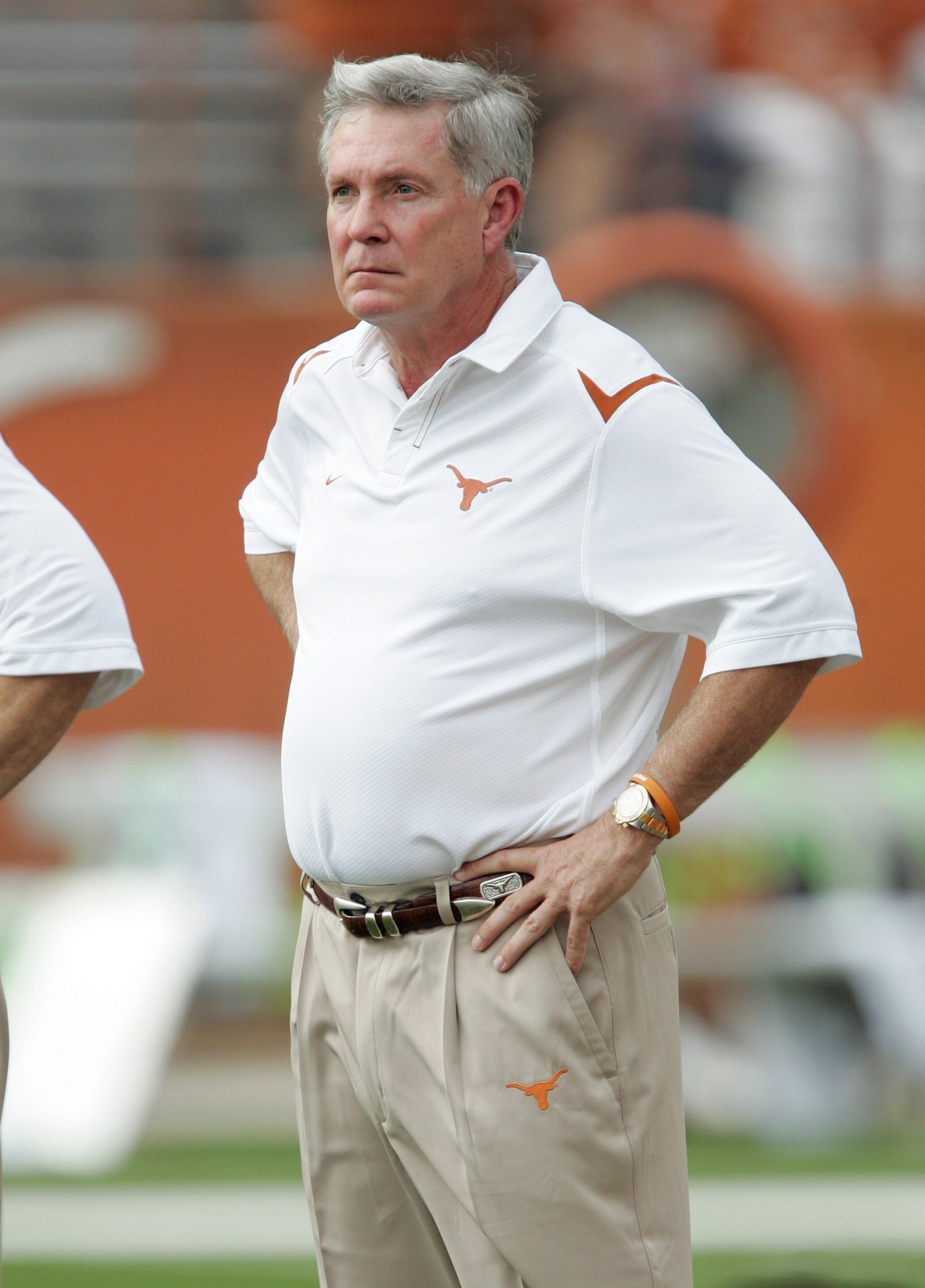 AUSTIN, TX - SEPTEMBER 5:  Head Coach Mac Brown of the Texas Longhorns looks on during warm-up prior to their game against the Louisiana Monroe Warhawks on September 5, 2009 at Darrell K Royal-Texas Memorial Stadium in Austin, Texas. The Longhorns defeate