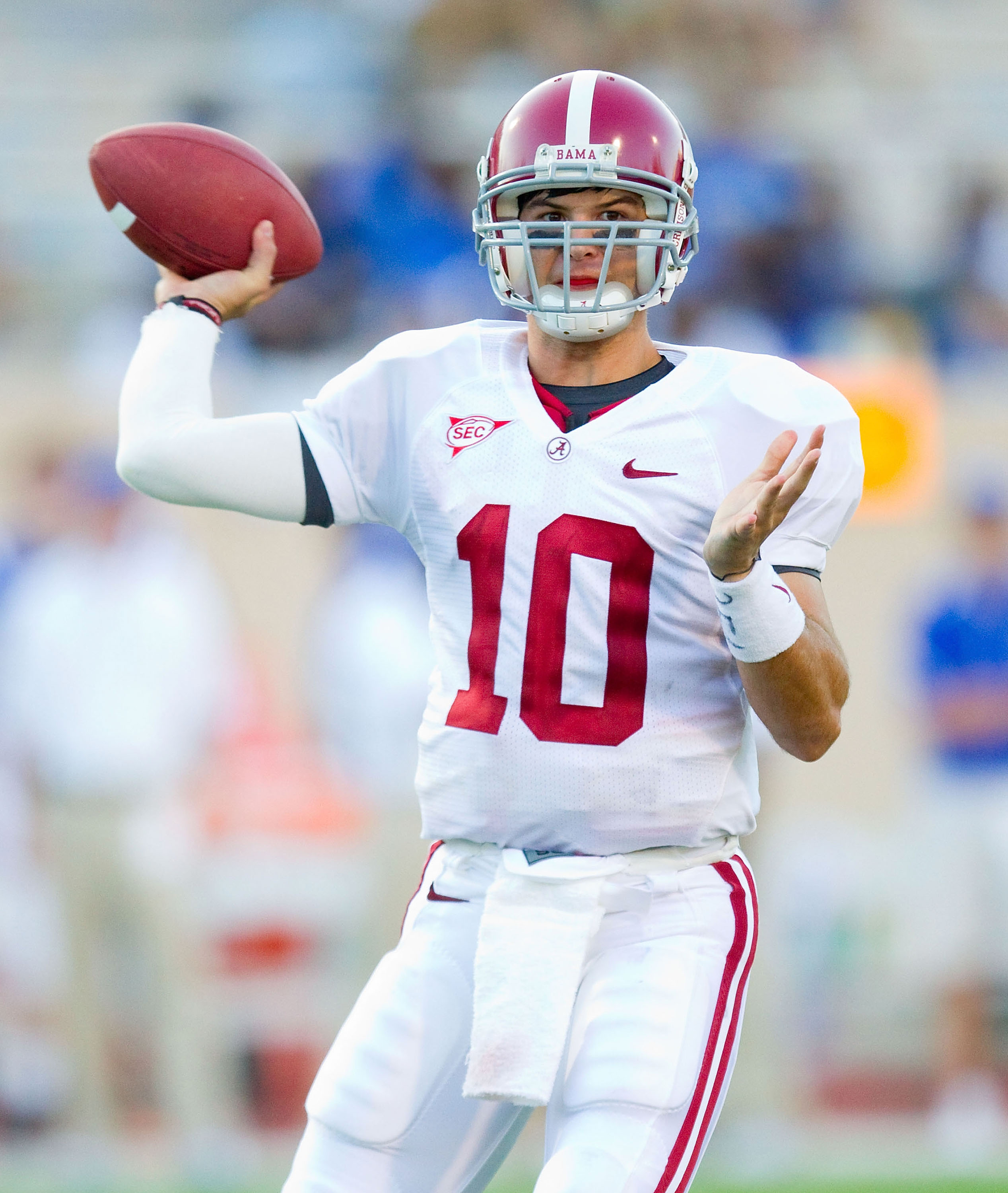 DURHAM, NC - SEPTEMBER 18: A.J. McCarron #10 of the Alabama Crimson Tide makes a pass during fourth quarter action against the Duke Blue Devils at Wallace Wade Stadium on September 18, 2010 in Durham, North Carolina. The Crimson Tide defeated the Blue De