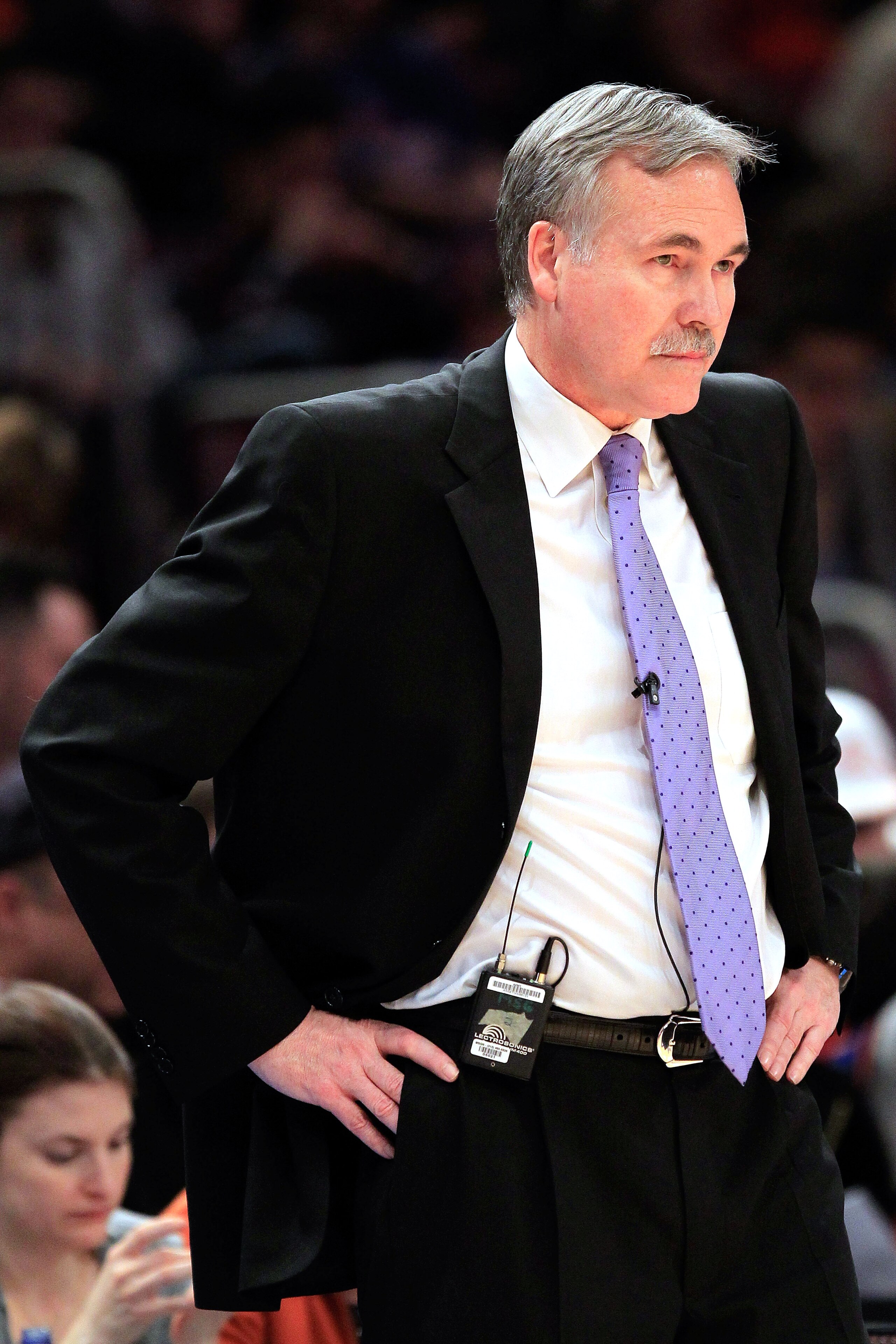 NEW YORK, NY - JANUARY 14: Head coach Mike D'Antoni of the New York Knicks stands near the bench during the game against the Sacramento Kings at Madison Square Garden on January 14, 2011 in New York City. NOTE TO USER: User expressly acknowledges and agre