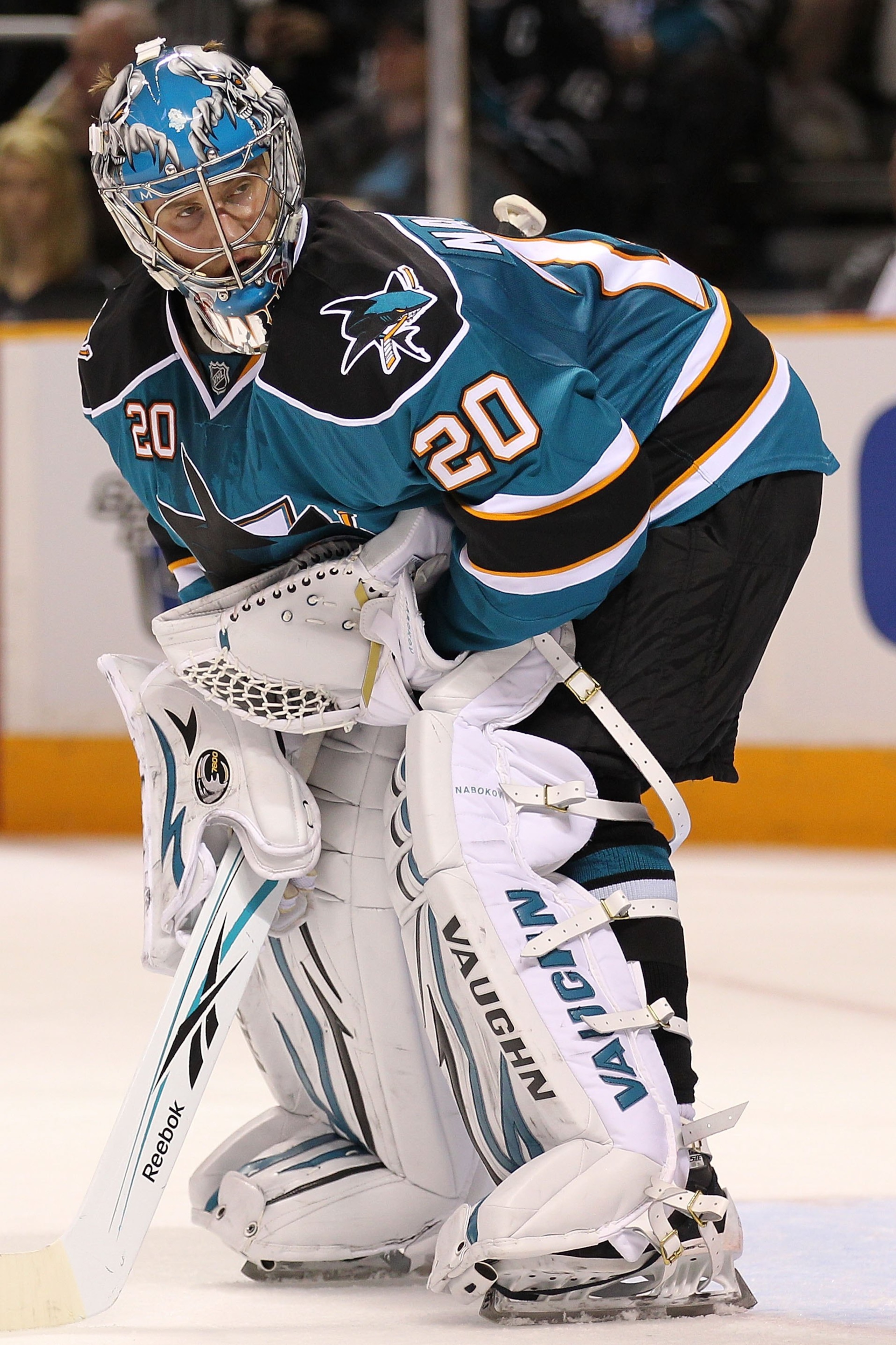 SAN JOSE, CA - MAY 18: Goaltender Evgeni Nabokov #20 of the San Jose Sharks looks on while taking on the Chicago Blackhawks in Game Two of the Western Conference Finals during the 2010 NHL Stanley Cup Playoffs at HP Pavilion on May 18, 2010 in San Jose, SAN JOSE, CA - MAY 18: Goaltender Evgeni Nabokov #20 of the San Jose Sharks looks on while taking on the Chicago Blackhawks in Game Two of the Western Conference Finals during the 2010 NHL Stanley Cup Playoffs at HP Pavilion on May 18, 2010 in San Jose,