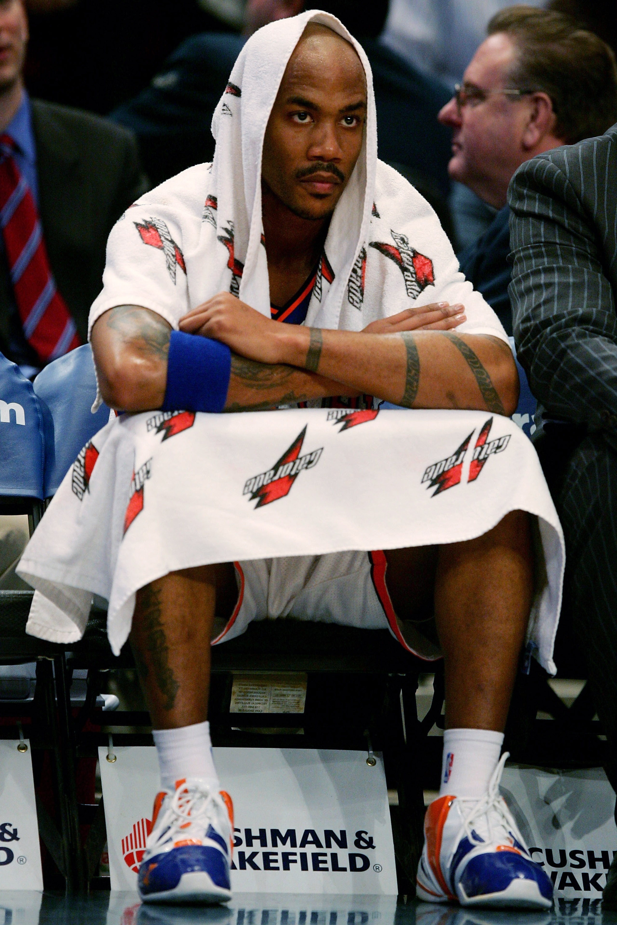 NEW YORK - NOVEMBER 30:  Stephon Marbury #3 of the New York Knicks watches on from the bench against the Milwaukee Bucks on November 30, 2007 at Madison Square Garden in New York City. NOTE TO USER: User expressly acknowledges and agrees that, by download