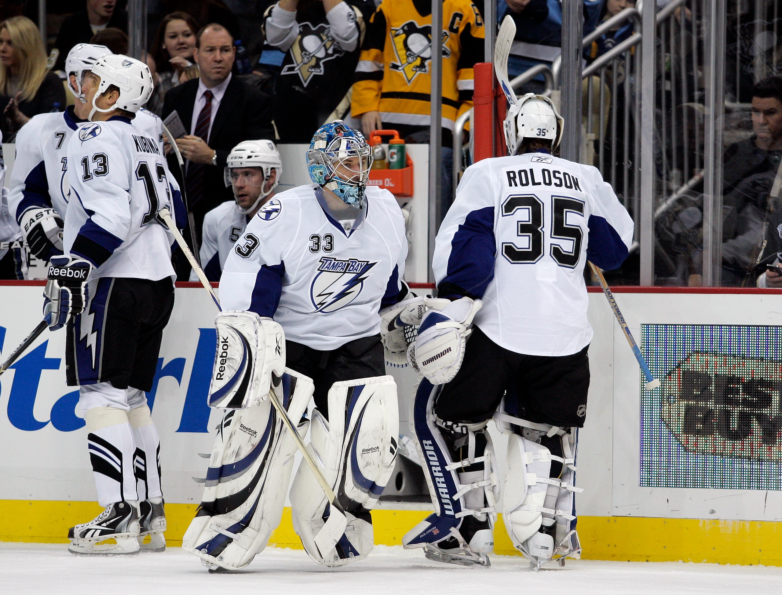PITTSBURGH, PA - JANUARY 05: Dan Ellis #33 of the Tampa Bay Lightning replaces Dwayne Roloson #35 in net against the Pittsburgh Penguins on January 5, 2011 at Consol Energy Center in Pittsburgh, Pennsylvania. (Photo by Justin K. Aller/Getty Images) PITTSBURGH, PA - JANUARY 05: Dan Ellis #33 of the Tampa Bay Lightning replaces Dwayne Roloson #35 in net against the Pittsburgh Penguins on January 5, 2011 at Consol Energy Center in Pittsburgh, Pennsylvania. (Photo by Justin K. Aller/Getty Images)