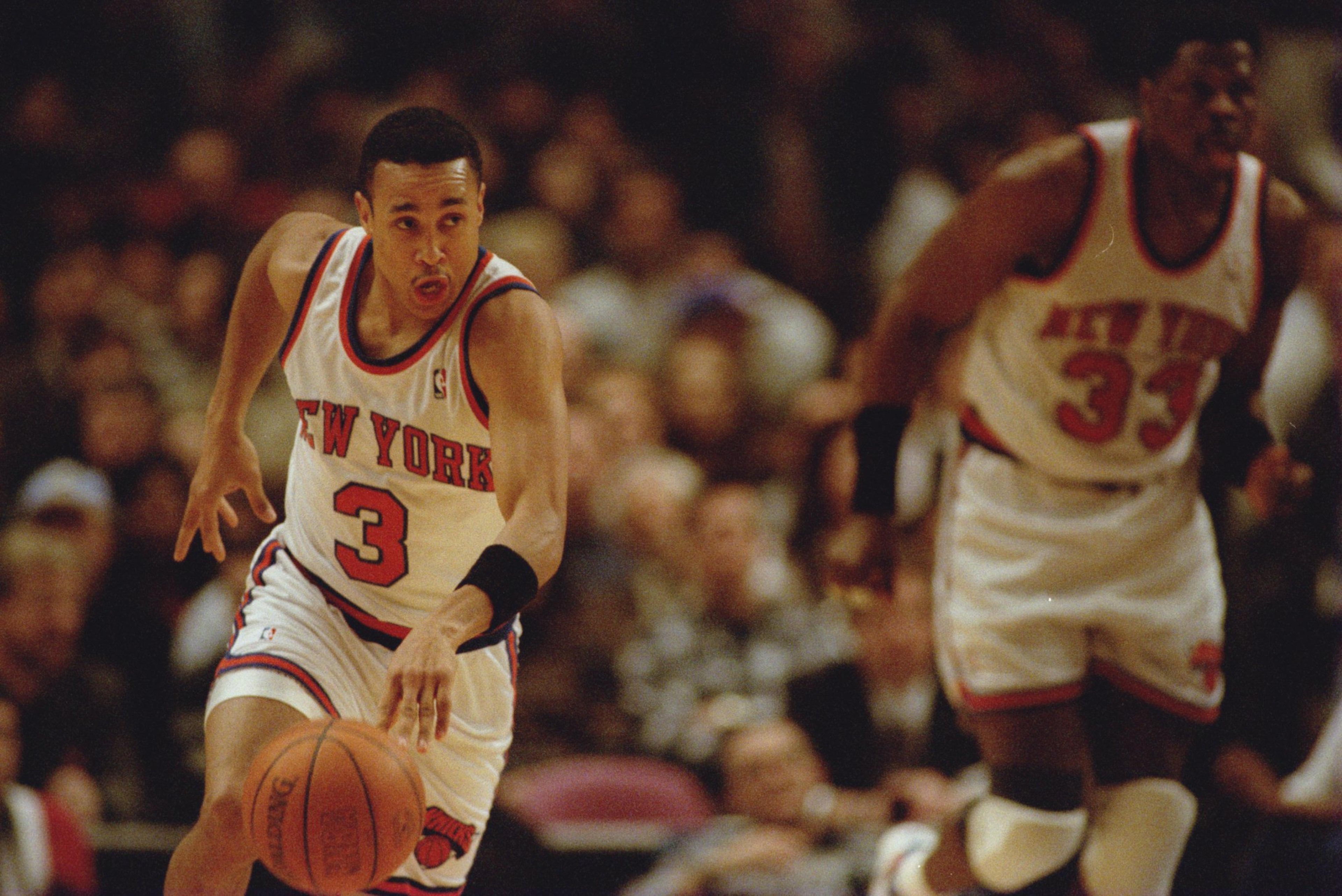 21 FEB 1995: JOHN STARKS OF THE NEW YORK KNICKS CHARGES FOR THE BASKET AGAINST THE CLEVELAND CAVALIERS DURING THE FIRST HALF THEIR CLASH AT MADISON SQUARE GARDEN, NEW YORK. Mandatory Credit: Doug Pensinger/ALLSPORT 21 FEB 1995: JOHN STARKS OF THE NEW YORK KNICKS CHARGES FOR THE BASKET AGAINST THE CLEVELAND CAVALIERS DURING THE FIRST HALF THEIR CLASH AT MADISON SQUARE GARDEN, NEW YORK. Mandatory Credit: Doug Pensinger/ALLSPORT
