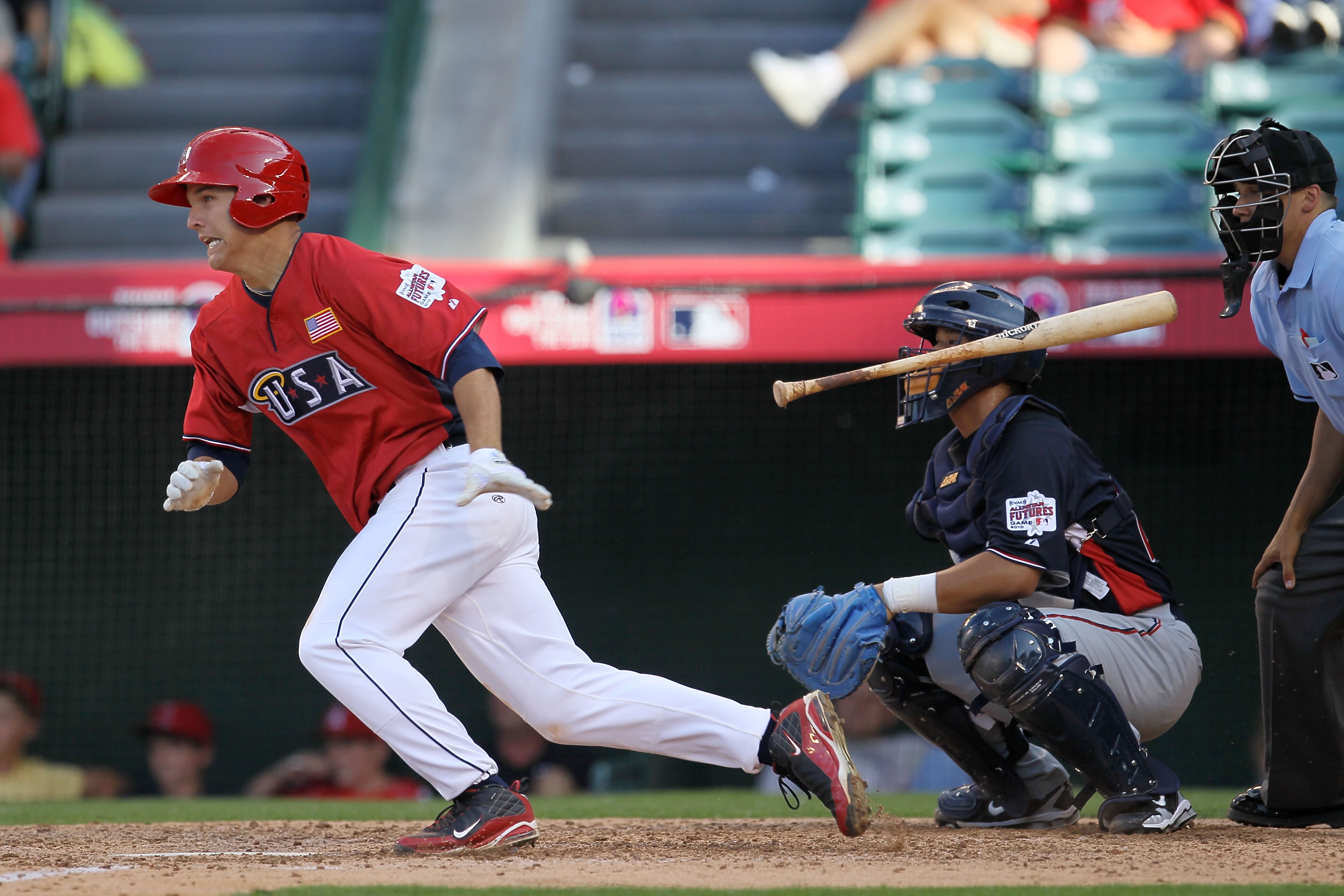 ANAHEIM, CA - JULY 11:  U.S. Futures All-Star Mike Trout #20 of the Los Angeles Angels of Anaheim doubles in the 8th inning during the 2010 XM All-Star Futures Game at Angel Stadium of Anaheim on July 11, 2010 in Anaheim, California.  (Photo by Stephen Du