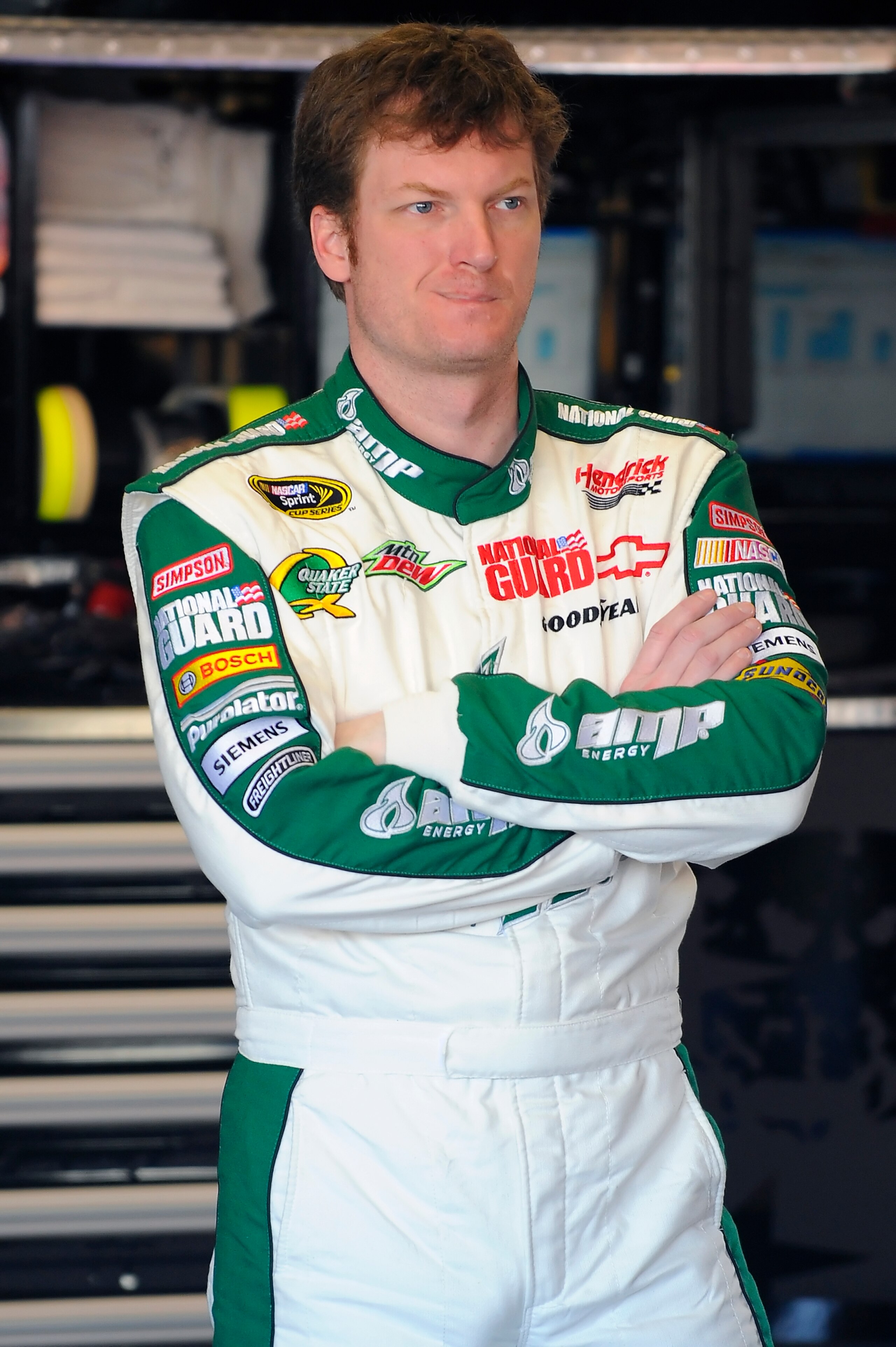 DAYTONA BEACH, FL - JANUARY 20:  Dale Earnhardt Jr., driver of the #88 AMP Energy Chevrolet, waits to continue testing at Daytona International Speedway on January 20, 2011 in Daytona Beach, Florida.  (Photo by Jared C. Tilton/Getty Images for NASCAR)
