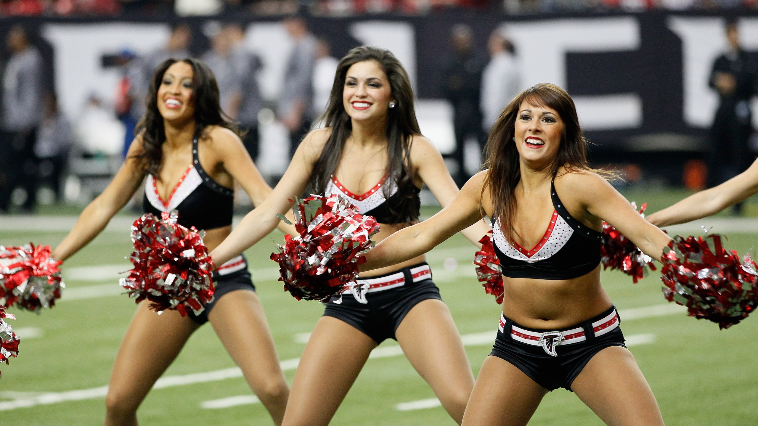 ATLANTA, GA - JANUARY 02:  Atlanta Falcons cheerleaders perform against the Carolina Panthers at Georgia Dome on January 2, 2011 in Atlanta, Georgia.  (Photo by Kevin C. Cox/Getty Images)