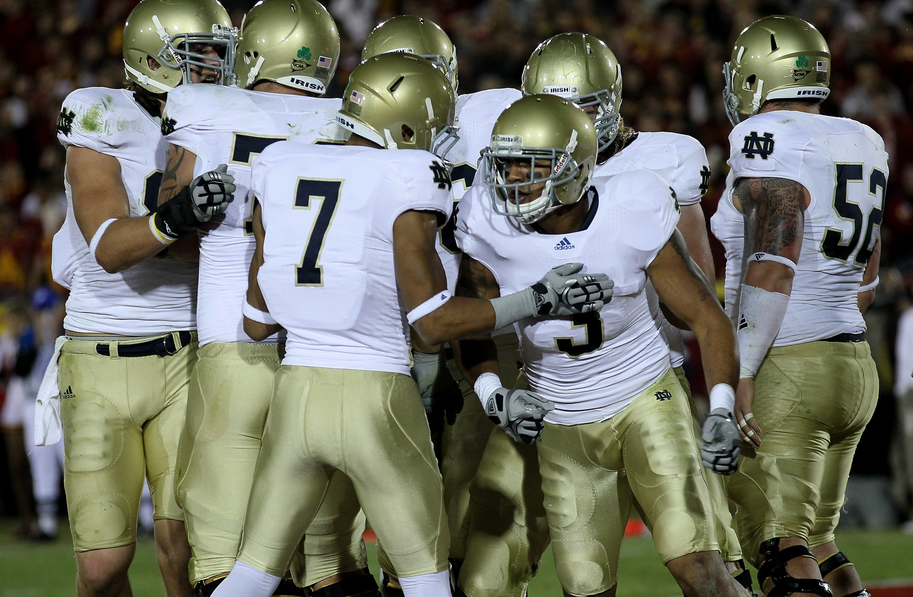 LOS ANGELES - NOVEMBER 27: Wide receiver Michael Floyd #3 of the Notre Dame Fighting Irish celebrates with wide receiver T.J. Jones #7 after making a one yard touchdown catch against the USC Trojans at the Los Angeles Memorial Coliseum on November 27, 20
