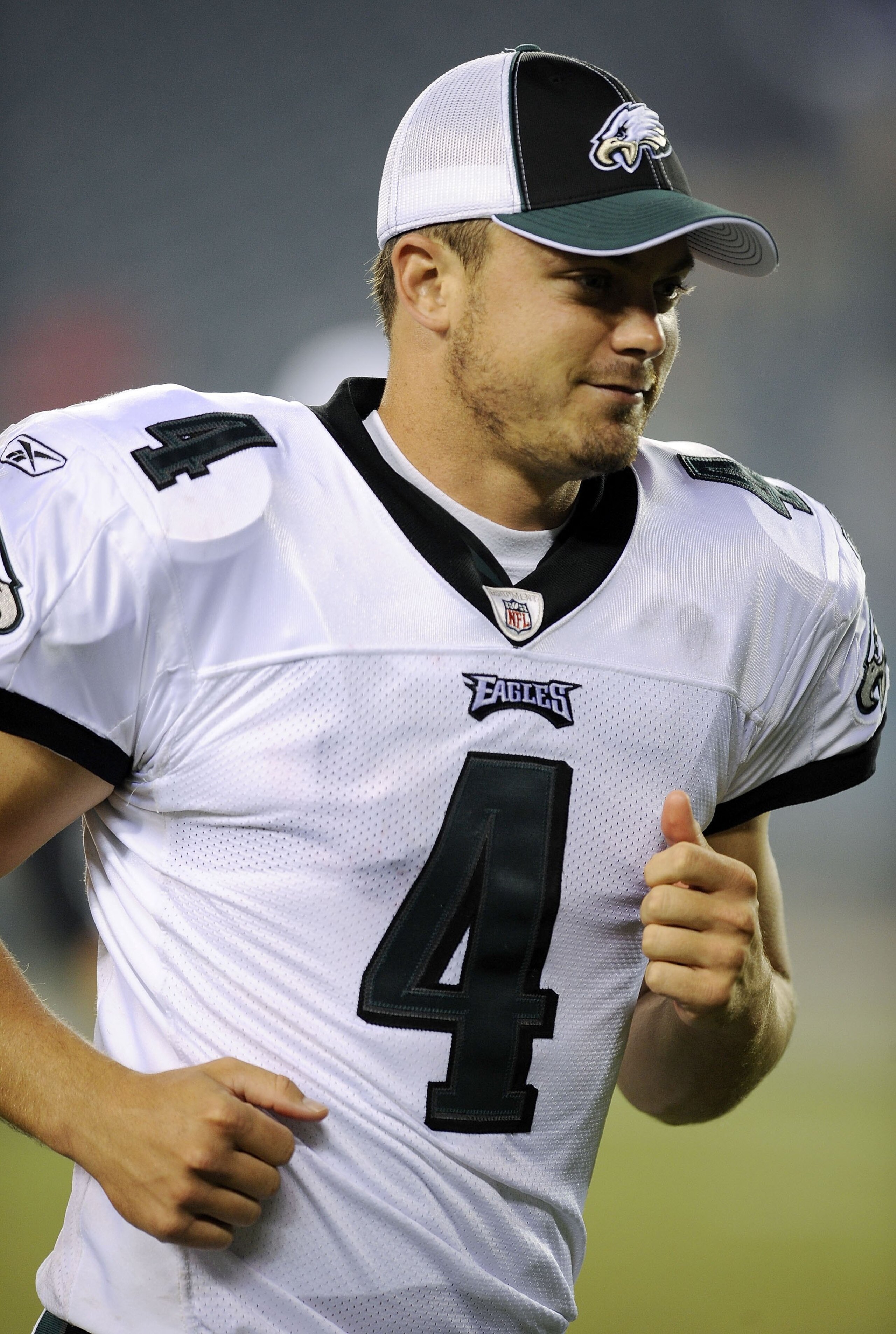 PHILADELPHIA - AUGUST 14: Kevin Kolb #4 of the Philadelphia Eagles runs off the field after the NFL game against the Carolina Panthers at Lincoln Financial Field on August 14, 2008 in Philadelphia, Pennsylvania.  (Photo by Jeff Zelevansky/Getty Images)