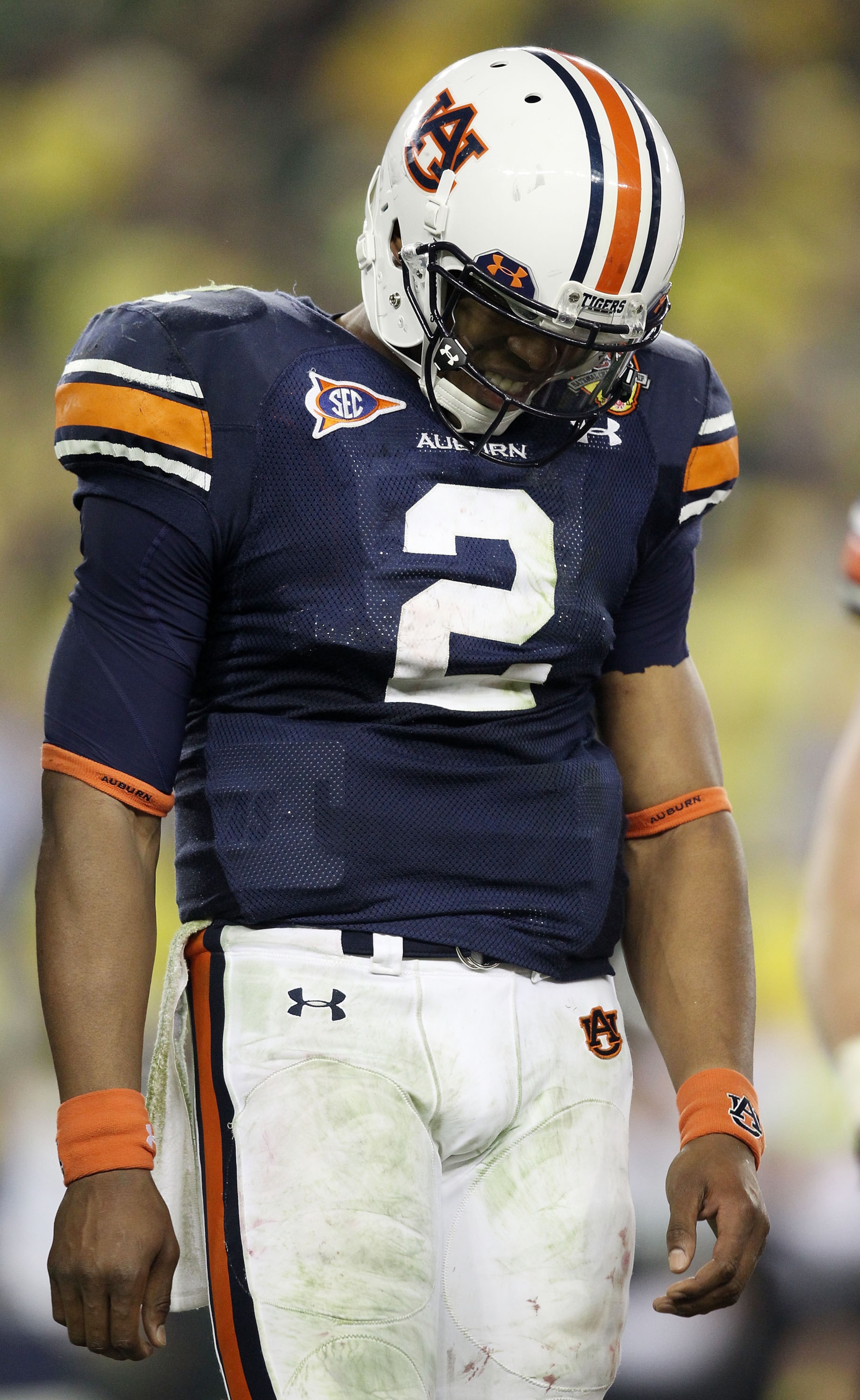 GLENDALE, AZ - JANUARY 10: Cameron Newton #2 of the Auburn Tigers reacts during their game against the Oregon Ducks during the Tostitos BCS National Championship Game at University of Phoenix Stadium on January 10, 2011 in Glendale, Arizona. (Photo by C GLENDALE, AZ - JANUARY 10: Cameron Newton #2 of the Auburn Tigers reacts during their game against the Oregon Ducks during the Tostitos BCS National Championship Game at University of Phoenix Stadium on January 10, 2011 in Glendale, Arizona. (Photo by C