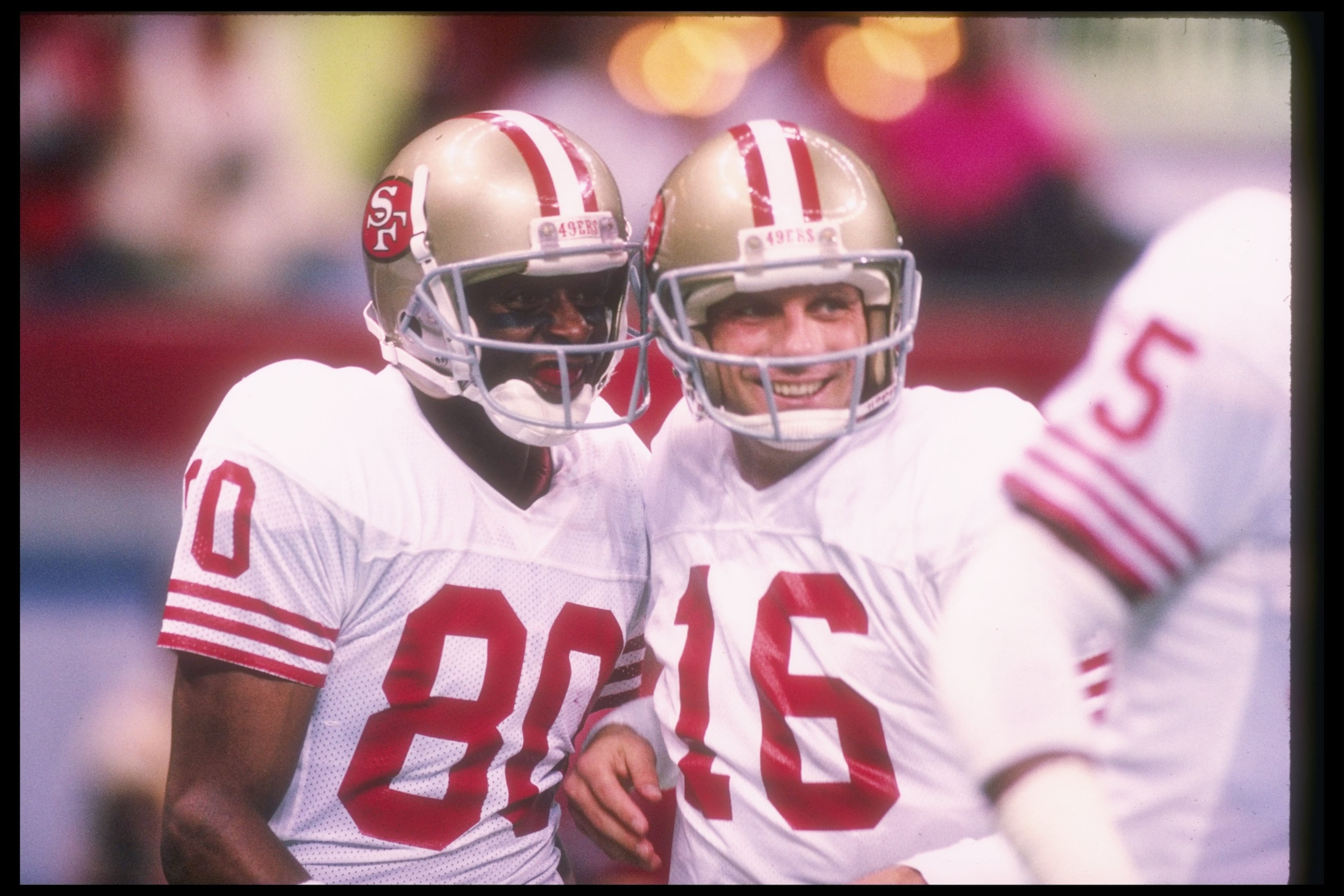28 Jan 1990: San Francisco 49ers quarterback Joe Montana (right) and wide receiver Jerry Rice celebrate during Super Bowl XXIV against the Denver Broncos at the Superdome in New Orleans, Louisiana. The 49ers won the game, 55-10. Mandatory Credit: Rick S 28 Jan 1990: San Francisco 49ers quarterback Joe Montana (right) and wide receiver Jerry Rice celebrate during Super Bowl XXIV against the Denver Broncos at the Superdome in New Orleans, Louisiana. The 49ers won the game, 55-10. Mandatory Credit: Rick S