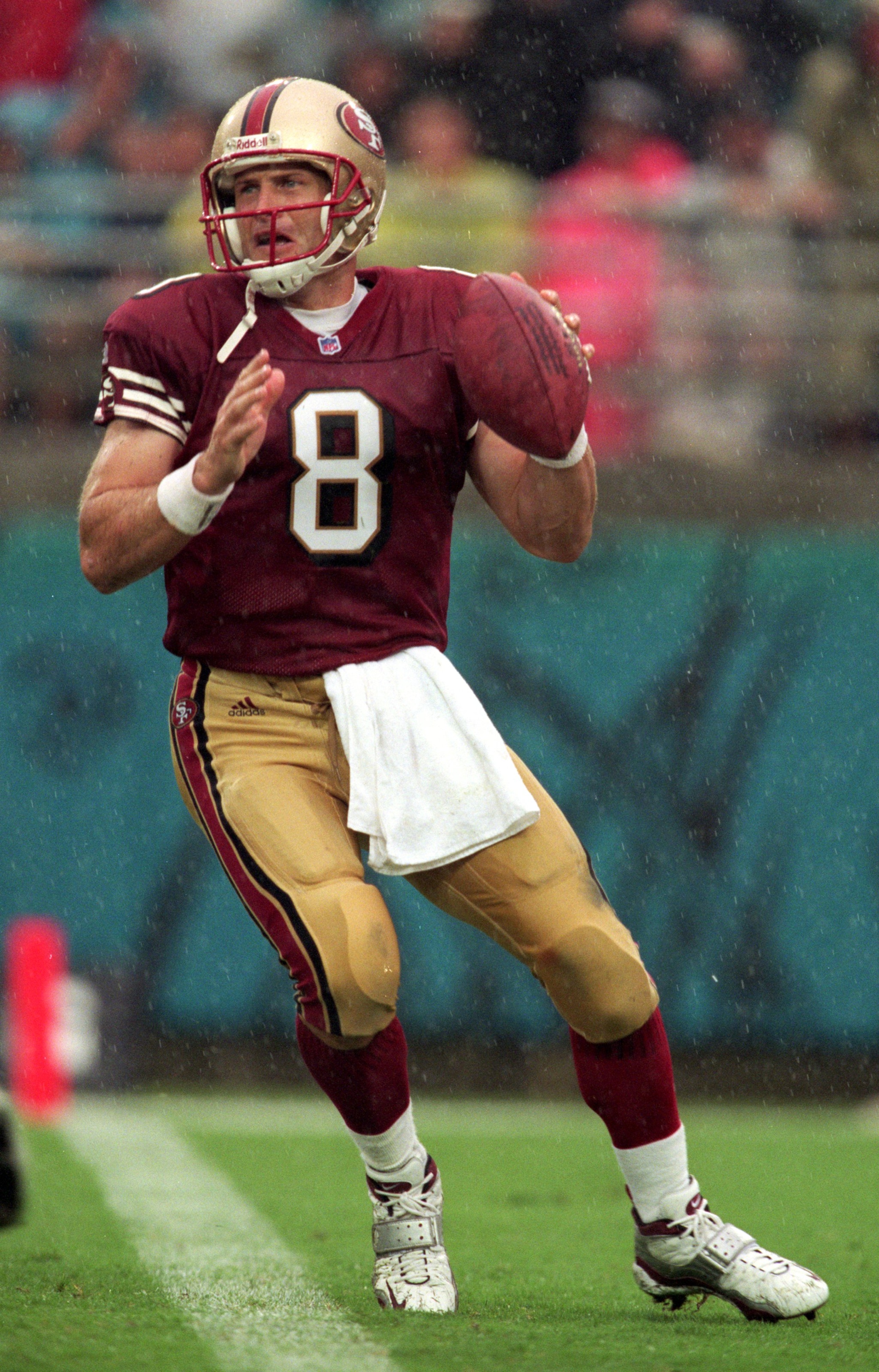 12 Sep 1999: Steve Young #8 of the San Francisco 49ers gets ready to pass the ball during the game against the Jacksonville Jaguars at the Alltell Stadium in Jacksonville, Florida. The Jaguars defeated the 49ers 41-3. Mandatory Credit: Andy Lyons /Allsp 12 Sep 1999: Steve Young #8 of the San Francisco 49ers gets ready to pass the ball during the game against the Jacksonville Jaguars at the Alltell Stadium in Jacksonville, Florida. The Jaguars defeated the 49ers 41-3. Mandatory Credit: Andy Lyons /Allsp