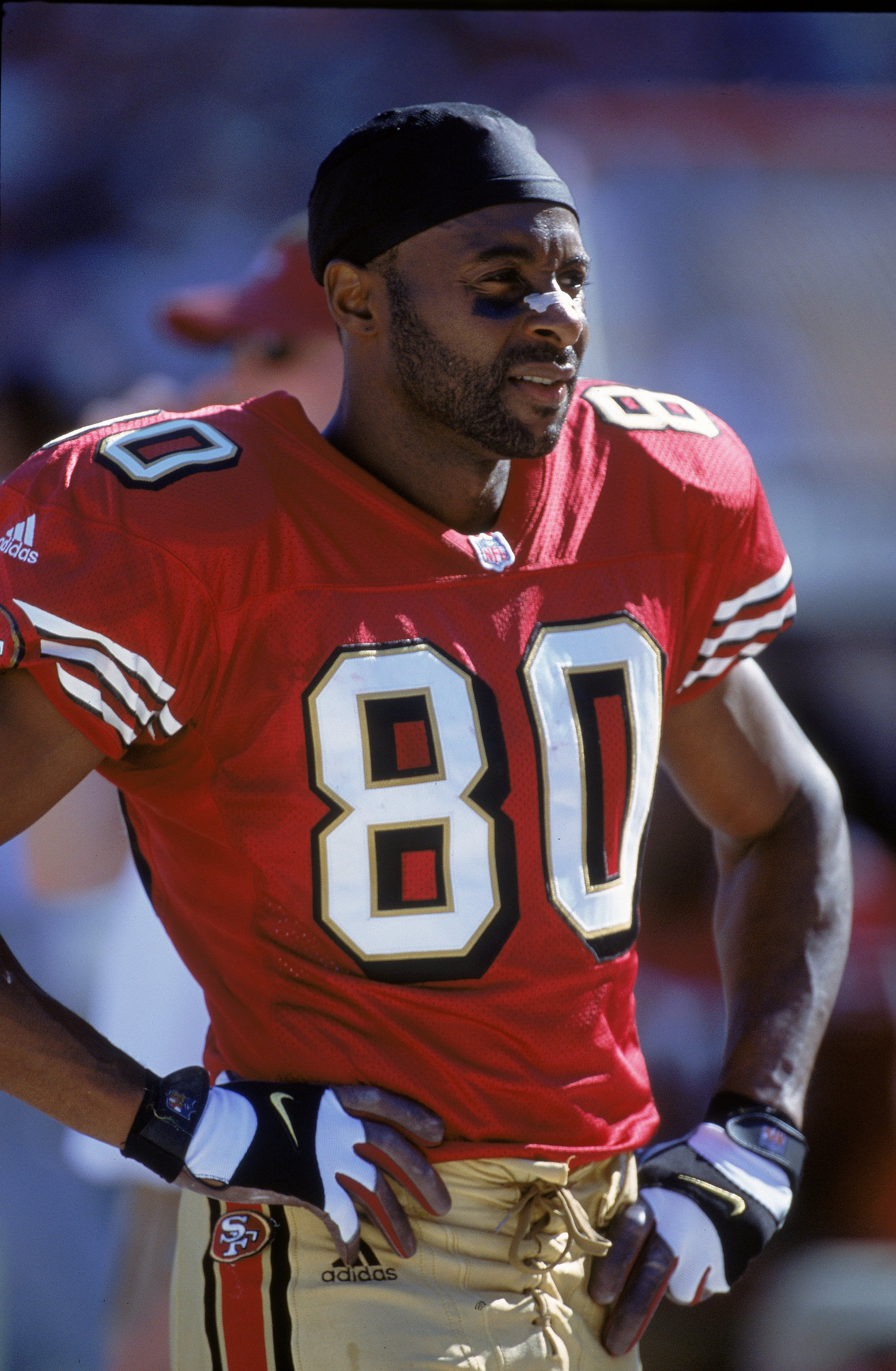 1 Oct 2000: Jerry Rice #80 of the San Francisco 49ers looks on from the sidelines during a game against the Arizona Cardinals at 3 Com Park in San Francisco, California. The 49ers defeated the Cardinals 27-20.Mandatory Credit: Tom Hauck /Allsport 1 Oct 2000: Jerry Rice #80 of the San Francisco 49ers looks on from the sidelines during a game against the Arizona Cardinals at 3 Com Park in San Francisco, California. The 49ers defeated the Cardinals 27-20.Mandatory Credit: Tom Hauck /Allsport