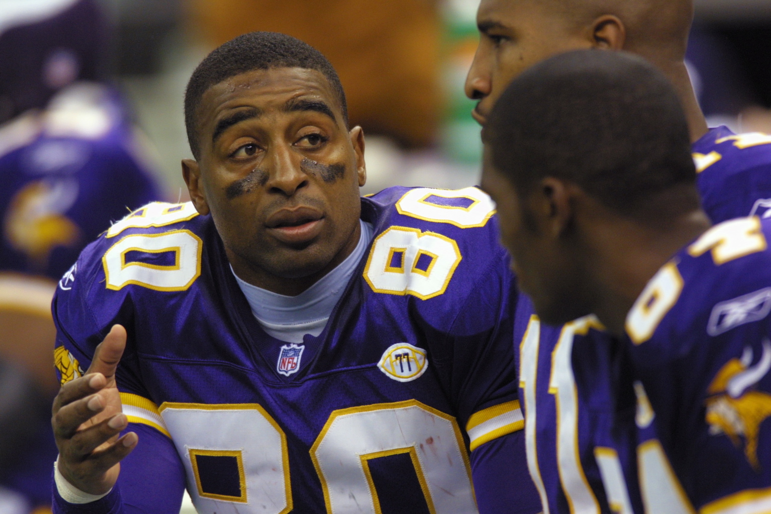 7 Oct 2001: Cris Carter #80 talks with teammates Daunte Culpepper #11 and Randy Moss #84 of the Minnesota Vikings during the game against the New Orleans Saints at the Superdome in New Orleans, Louisiana. The Saints won 28-15. DIGITAL IMAGE. Mandatory Cre 7 Oct 2001: Cris Carter #80 talks with teammates Daunte Culpepper #11 and Randy Moss #84 of the Minnesota Vikings during the game against the New Orleans Saints at the Superdome in New Orleans, Louisiana. The Saints won 28-15. DIGITAL IMAGE. Mandatory Cre