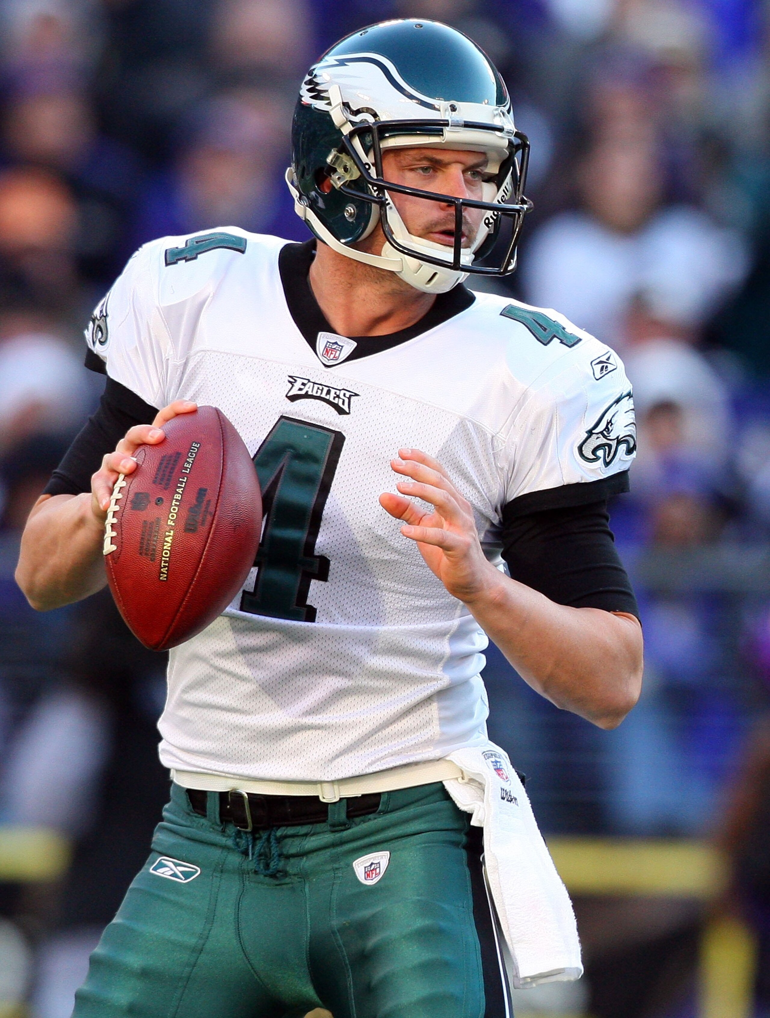 BALTIMORE - NOVEMBER 23:  Kevin Kolb #4 of the Philadelphia Eagles looks to pass against the Baltimore Ravens on November 23, 2008 at M&T Bank Stadium in Baltimore, Maryland. The Ravens defeated the Eagles 36-7.  (Photo by Jim McIsaac/Getty Images)