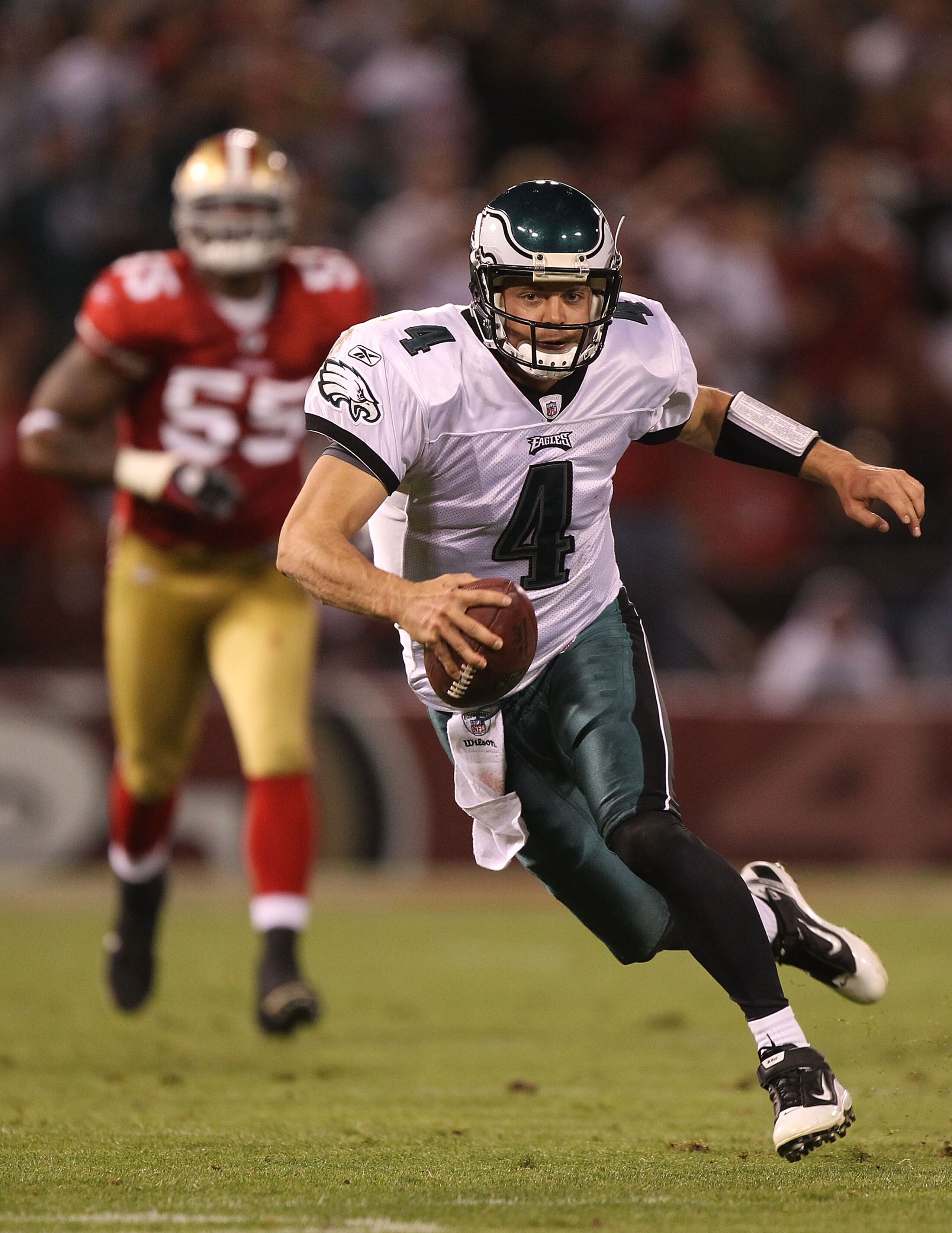 SAN FRANCISCO - OCTOBER 10:  Kevin Kolb #4 of the Philadelphia Eagles runs against the San Francisco 49ers during an NFL game at Candlestick Park on October 10, 2010 in San Francisco, California.  (Photo by Jed Jacobsohn/Getty Images)