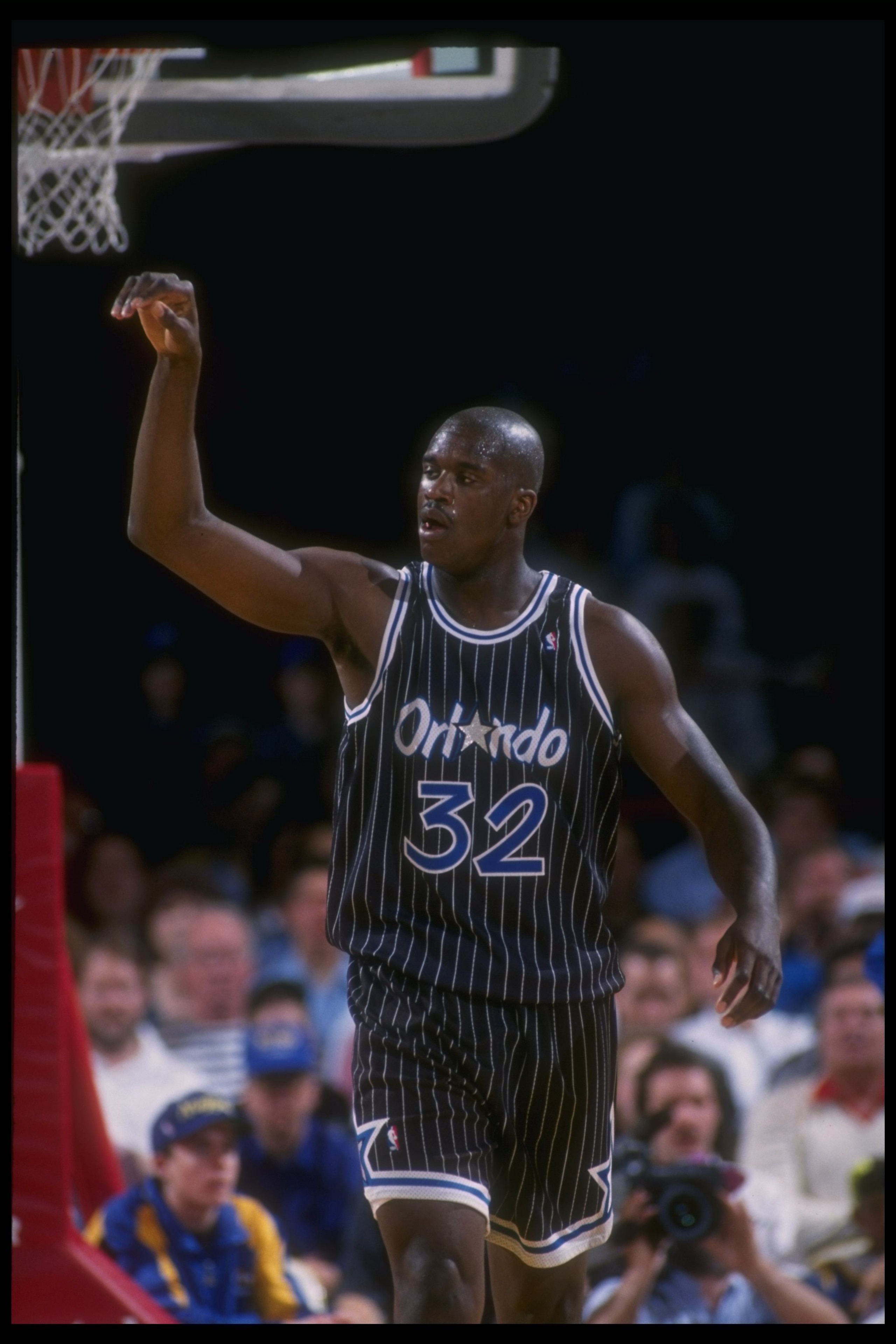 1992-1993:  Center Shaquille O''Neal of the Orlando Magic celebrates during a game against the Denver Nuggets at McNichols Arena in Denver, Colorado. Mandatory Credit: Tim DeFrisco  /Allsport Mandatory Credit: Tim DeFrisco  /Allsport