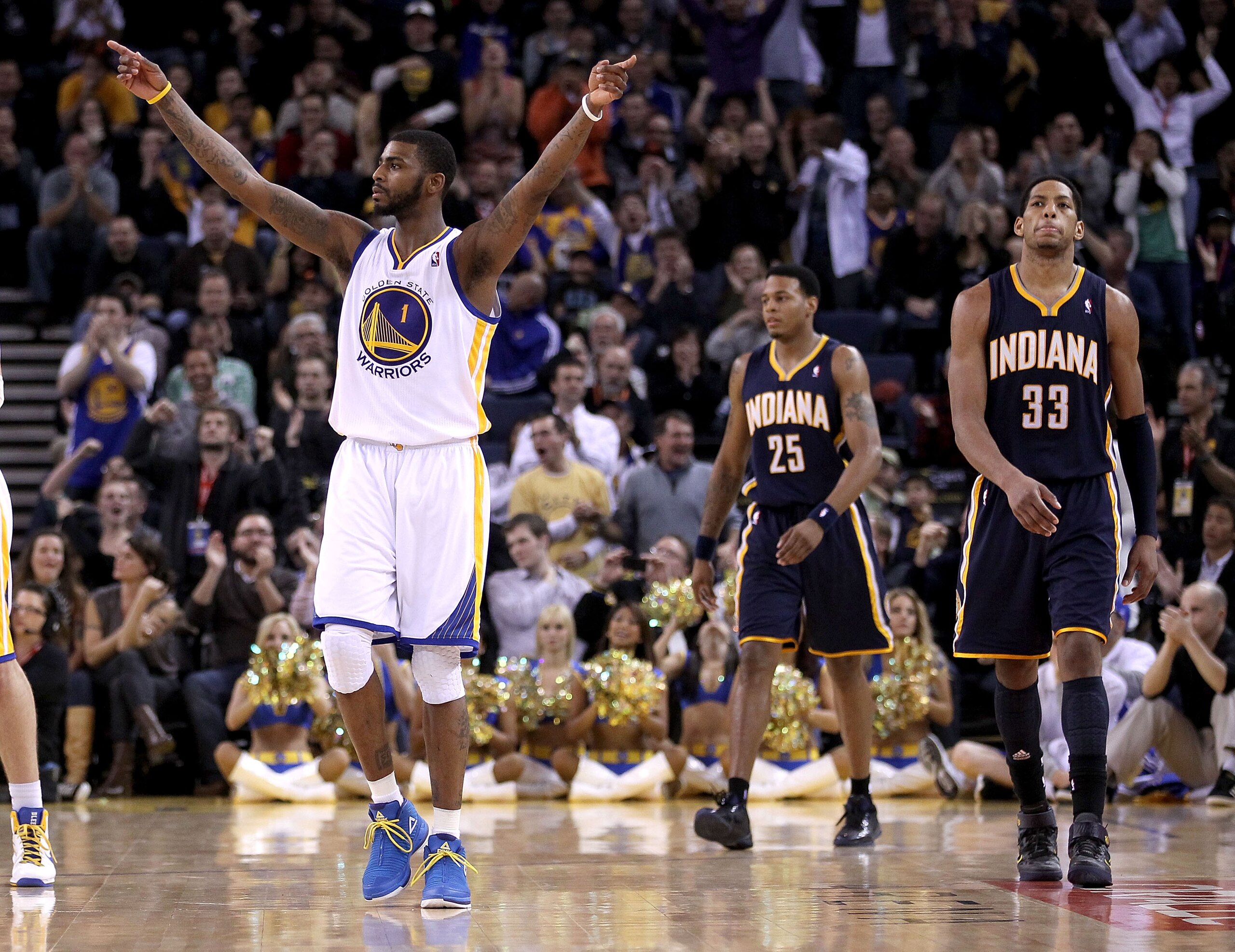 OAKLAND, CA - JANUARY 19: Dorell Wright #1 of the Golden State Warriors reacts after the Warriors made a basket in the final minute of their game against the Indiana Pacers at Oracle Arena on January 19, 2011 in Oakland, California. NOTE TO USER: User e OAKLAND, CA - JANUARY 19: Dorell Wright #1 of the Golden State Warriors reacts after the Warriors made a basket in the final minute of their game against the Indiana Pacers at Oracle Arena on January 19, 2011 in Oakland, California. NOTE TO USER: User e