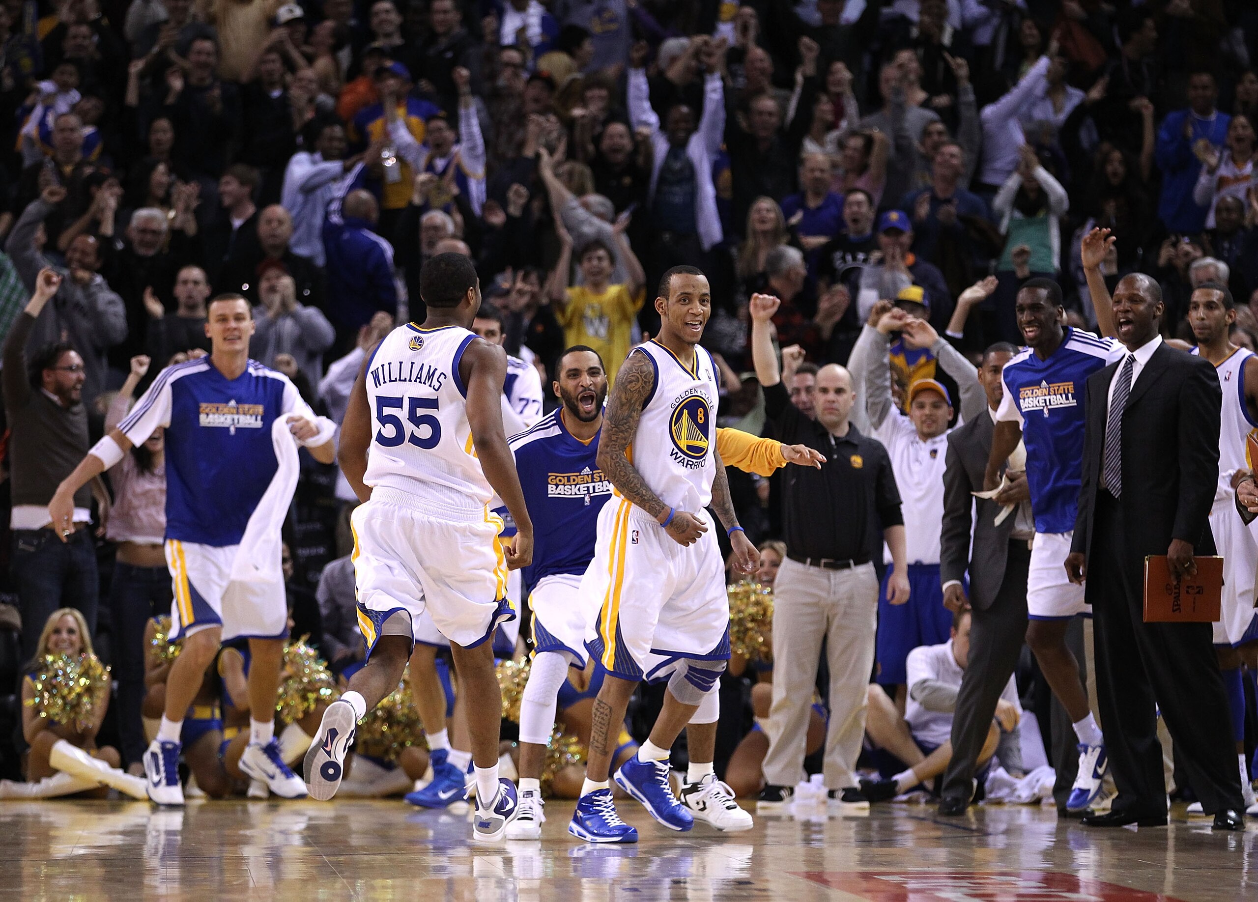 OAKLAND, CA - JANUARY 19: Monta Ellis #8 of the Golden State Warriors is congratulated by teammates after he made the winning shot with 0.6 seconds left in their game againsts the Indiana Pacers at Oracle Arena on January 19, 2011 in Oakland, California. OAKLAND, CA - JANUARY 19: Monta Ellis #8 of the Golden State Warriors is congratulated by teammates after he made the winning shot with 0.6 seconds left in their game againsts the Indiana Pacers at Oracle Arena on January 19, 2011 in Oakland, California.