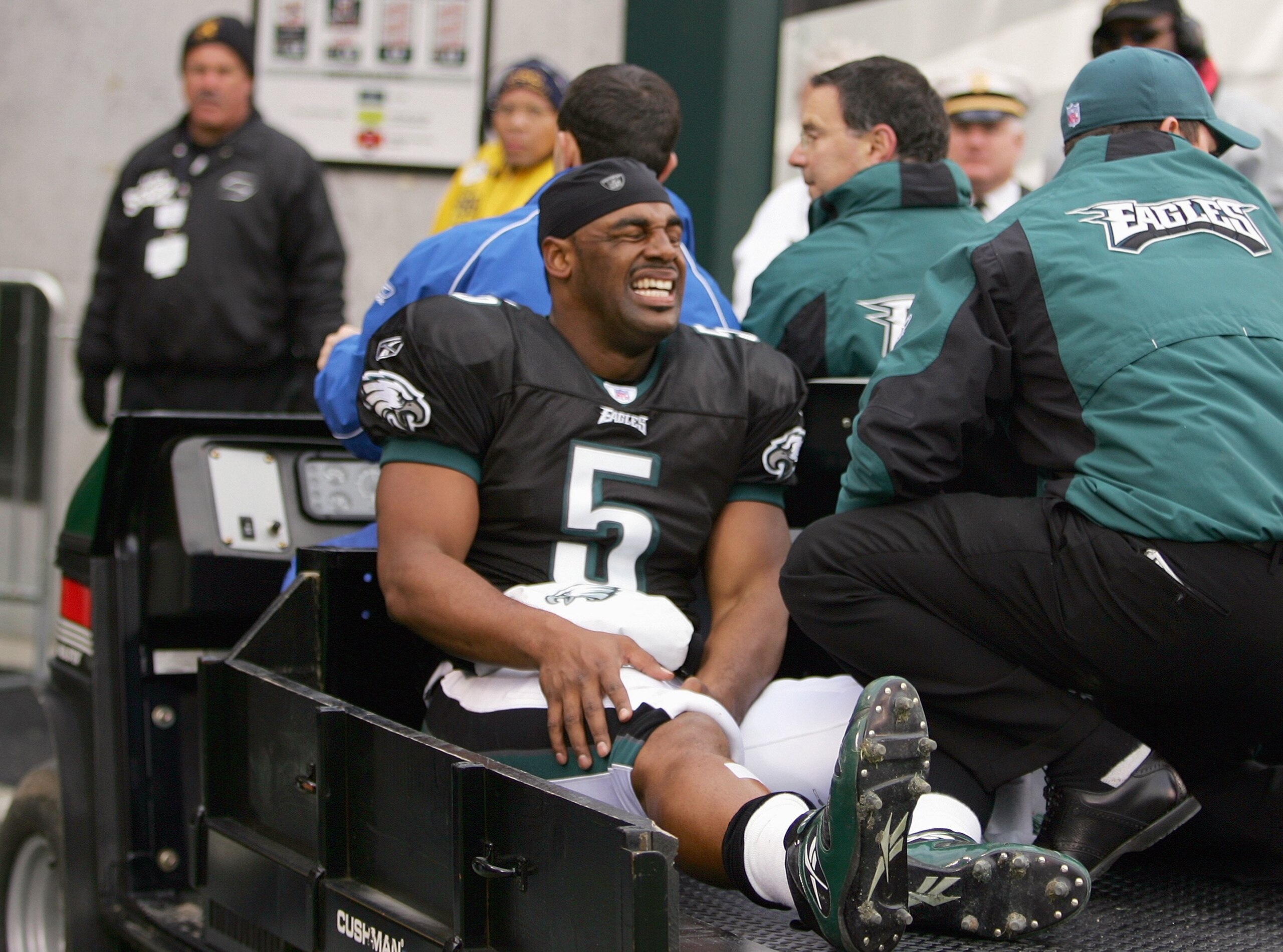 PHILADELPHIA - NOVEMBER 19: Donovan McNabb #5 of the Philadelphia Eagles is carted off the field after injuring his right knee in the second quarter against the Tennessee Titans on November 19, 2006 at Lincoln Financial Field in Philadelphia, Pennsylvania