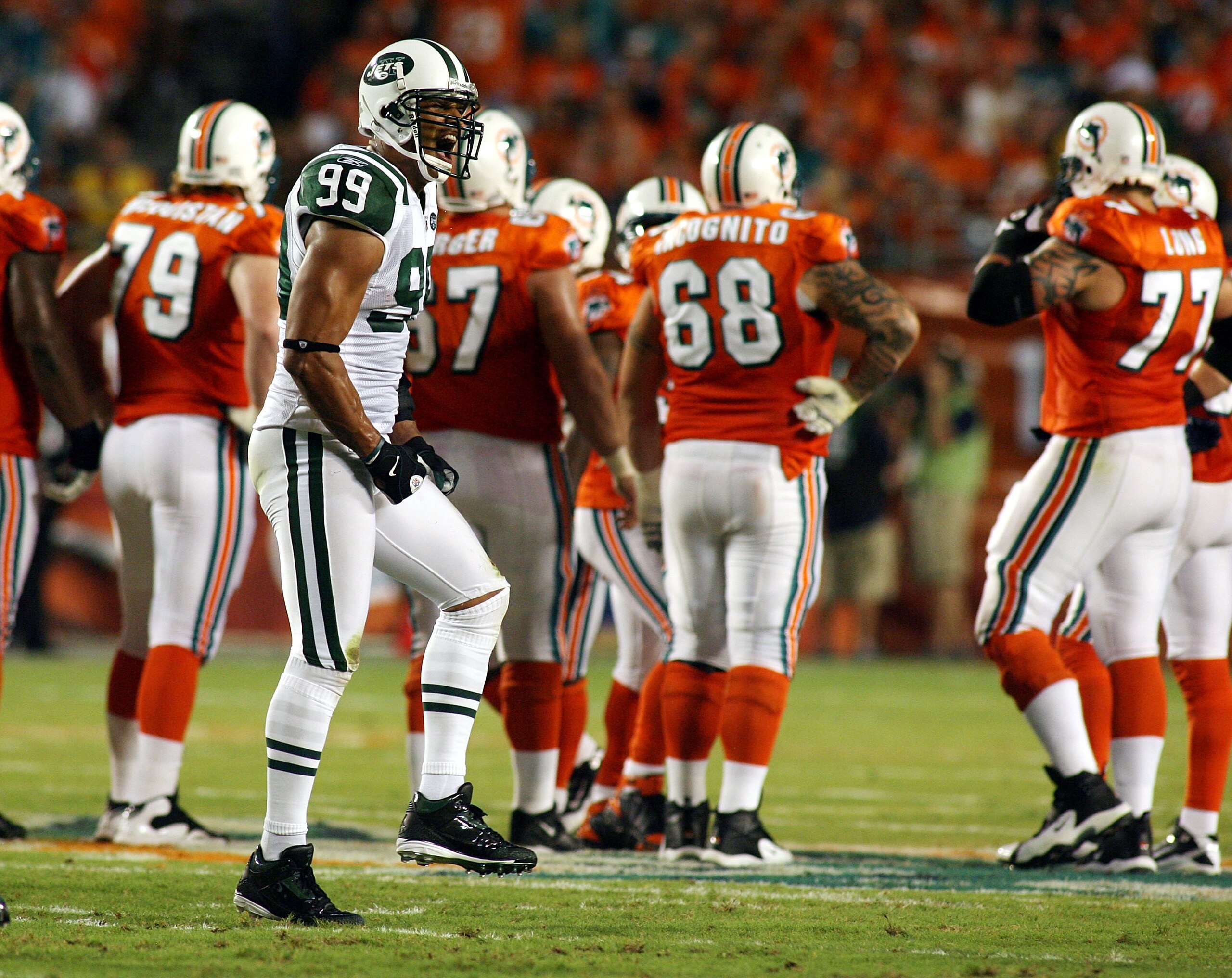 MIAMI - SEPTEMBER 26:  Defensive end Jason Taylor #99 of the New York Jets celebrates a sack against his old team the Miami Dolphins at Sun Life Stadium on September 26, 2010 in Miami, Florida.  (Photo by Marc Serota/Getty Images)