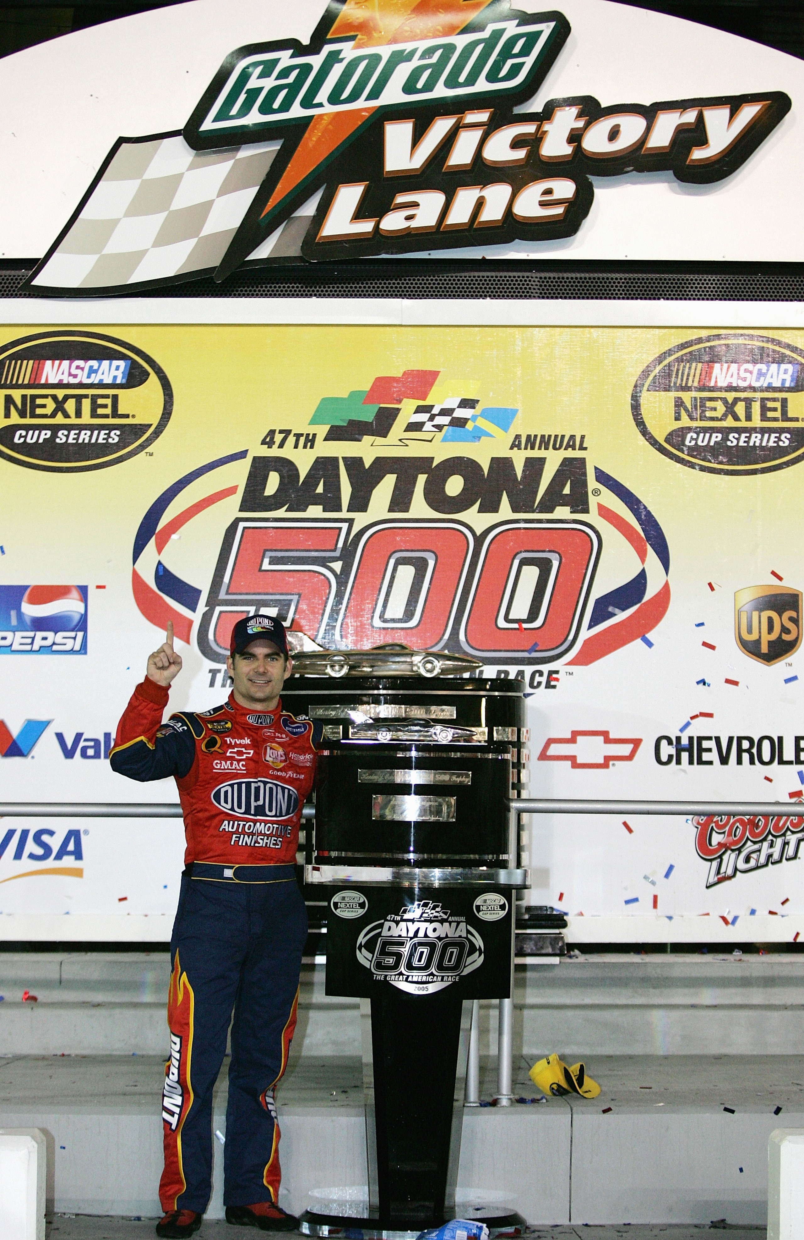 DAYTONA BEACH, FL - FEBRUARY 20:  Jeff Gordon, driver of the #24 Hendricks Motrosports Chevrolet, poses after winning the Daytona 500 during the NASCAR Nextel Cup Daytona 500 on February 20, 2005 at the Daytona International Speedway in Daytona Beach, Flo
