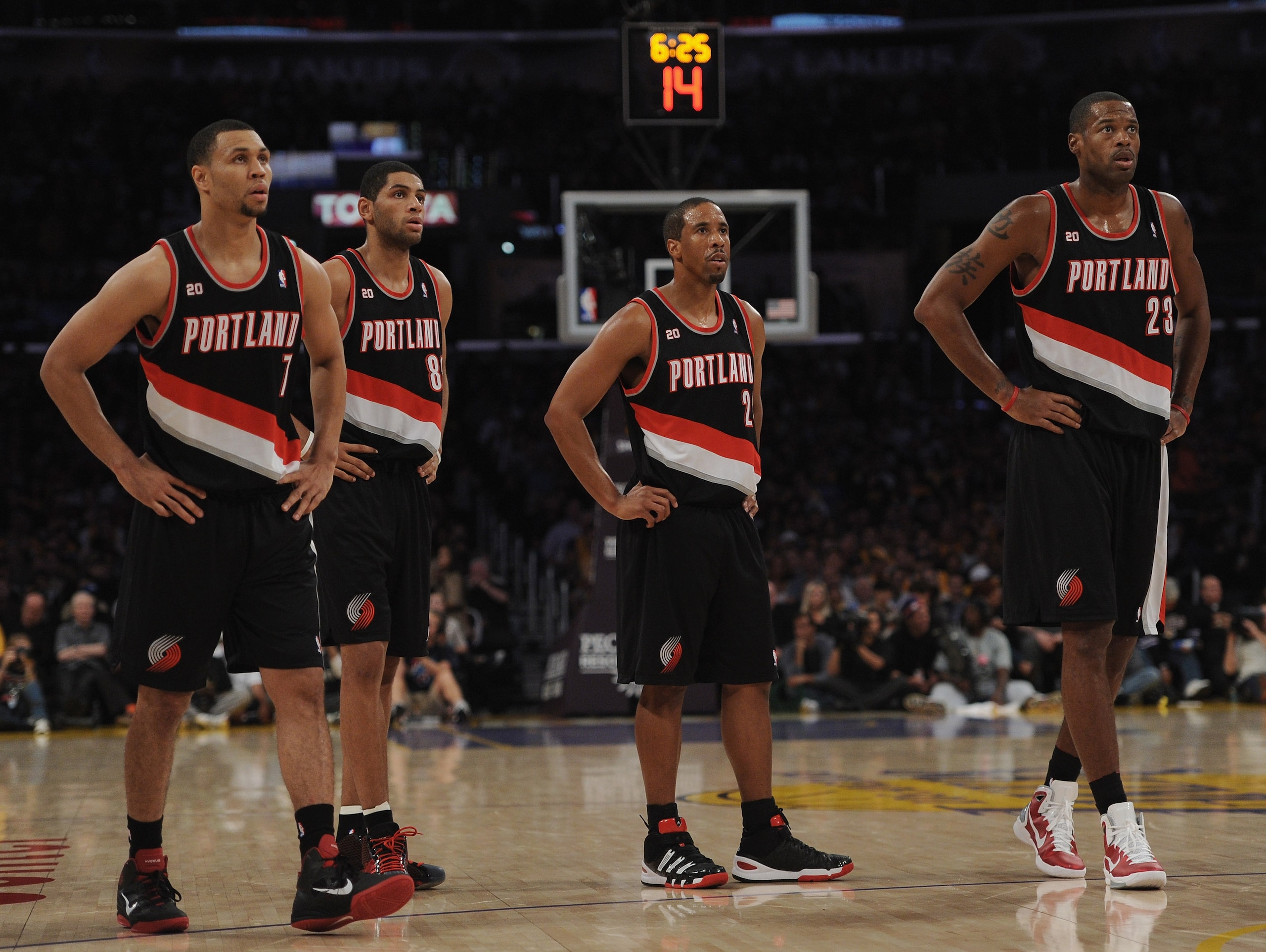 LOS ANGELES, CA - NOVEMBER 07:  Brandon Roy #7, Nicolas Batum #88, Andre Miller #24 and Marcus Camby #23 of the Portland Trail Blazers watch a Los Angeles Lakers freethrow during the first half at the Staples Center on November 7, 2010 in Los Angeles, Cal