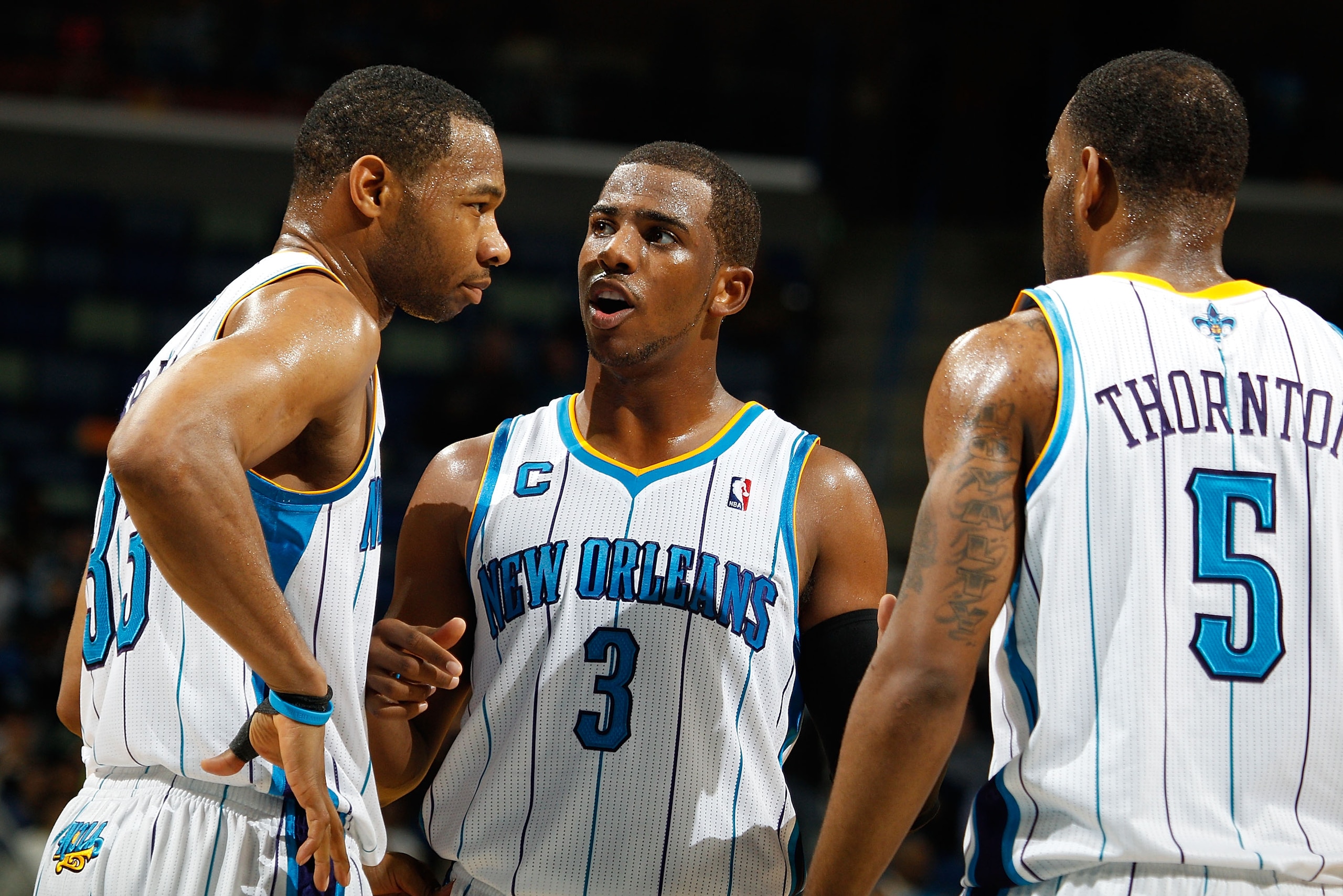 NEW ORLEANS, LA - DECEMBER 15:  Chris Paul #3  of the New Orleans Hornets talks with his team during a time out in the game against the Sacramento Kings at the New Orleans Arena on December 15, 2010 in New Orleans, Louisiana.  NOTE TO USER: User expressly