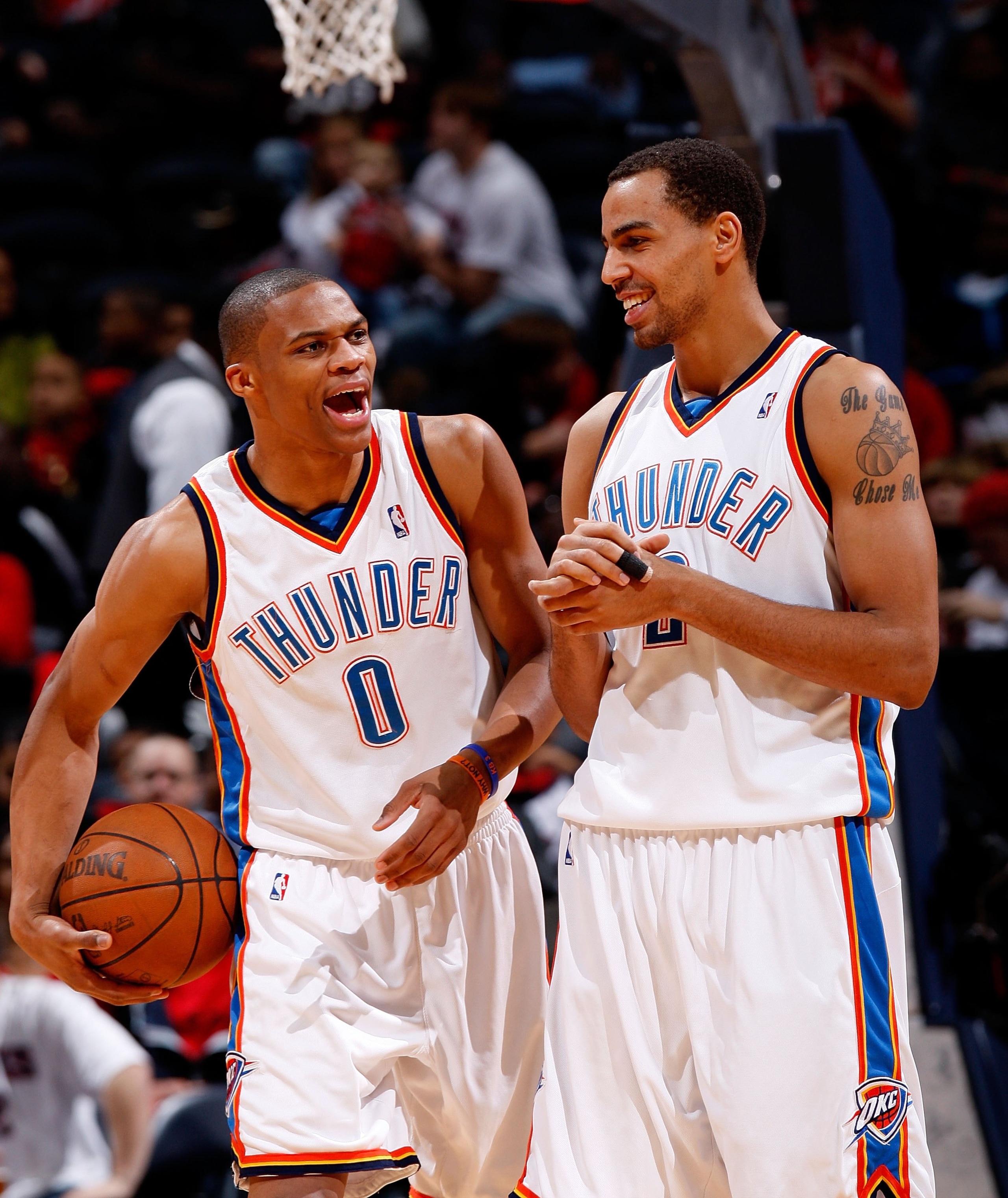 ATLANTA - JANUARY 18:  Russell Westbrook #0 and Thabo Sefolosha #2 of the Oklahoma City Thunder against the Atlanta Hawks at Philips Arena on January 18, 2010 in Atlanta, Georgia.  NOTE TO USER: User expressly acknowledges and agrees that, by downloading