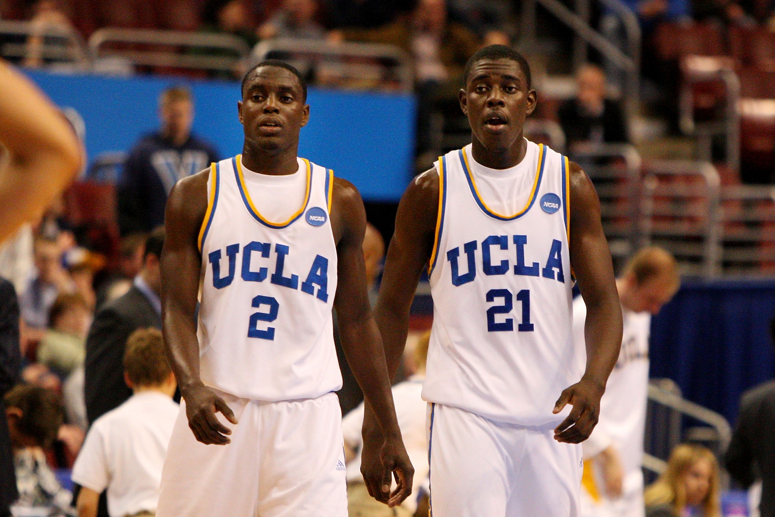 PHILADELPHIA - MARCH 19:  (L-R) Darren Collison #2 and Jrue Holiday #21 of the UCLA Bruins look on during the game against the VCU Rams during the first round of the NCAA Division I Men's Basketball Tournament at the Wachovia Center on March 19, 2009 in P