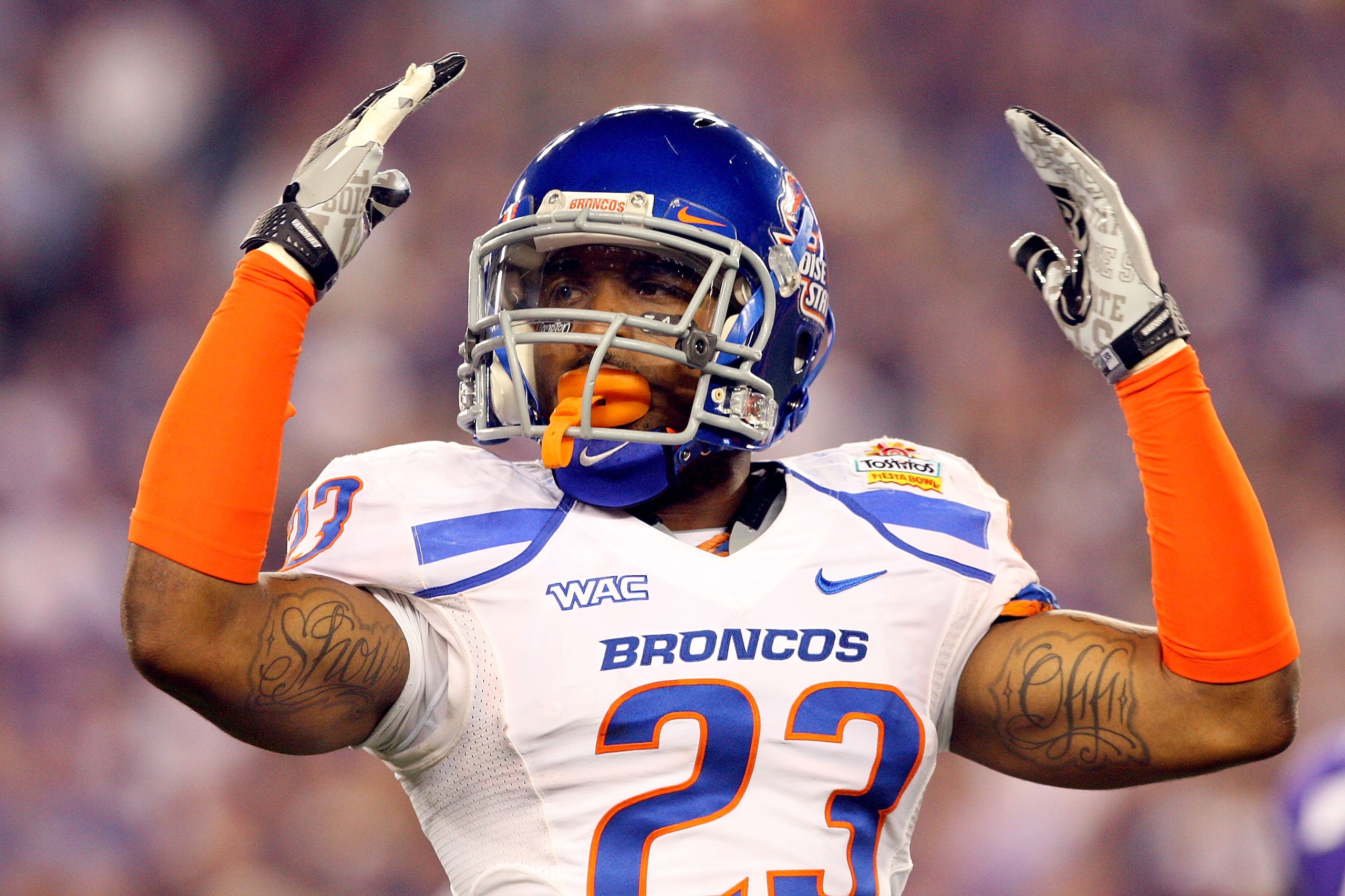 GLENDALE, AZ - JANUARY 04:  Jeron Johnson #23 of the Boise State Broncos reacts in the first half against the TCU Horned Frogs during the Tostitos Fiesta Bowl at the Universtity of Phoenix Stadium on January 4, 2010 in Glendale, Arizona.  (Photo by Christ