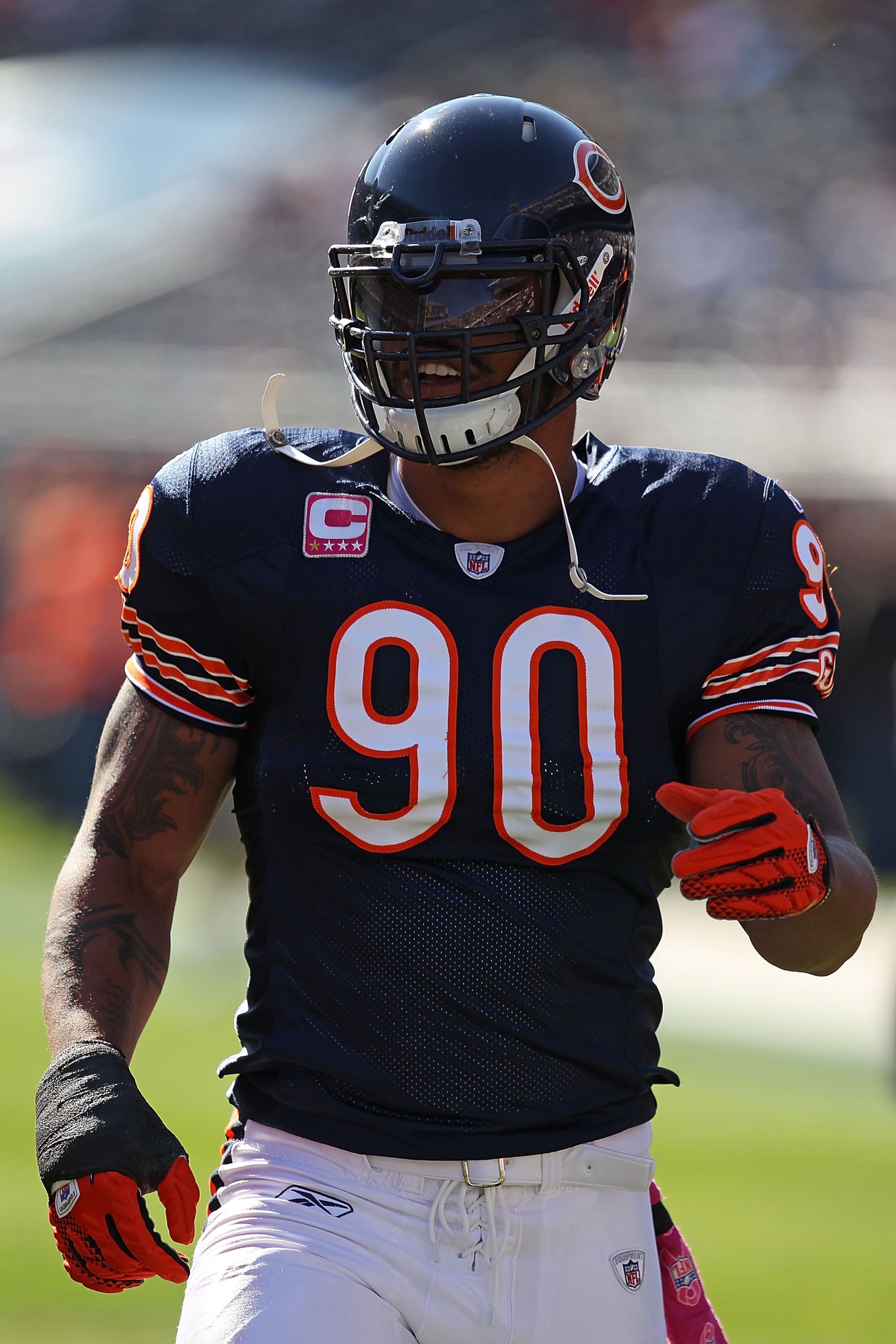 CHICAGO - OCTOBER 17: Julius Peppers #90 of the Chicago Bears participates in warm-ups before a game against the Seattle Seahawks at Soldier Field on October 17, 2010 in Chicago, Illinois. The Seahawks defeated the Bears 23-20. (Photo by Jonathan Daniel/G
