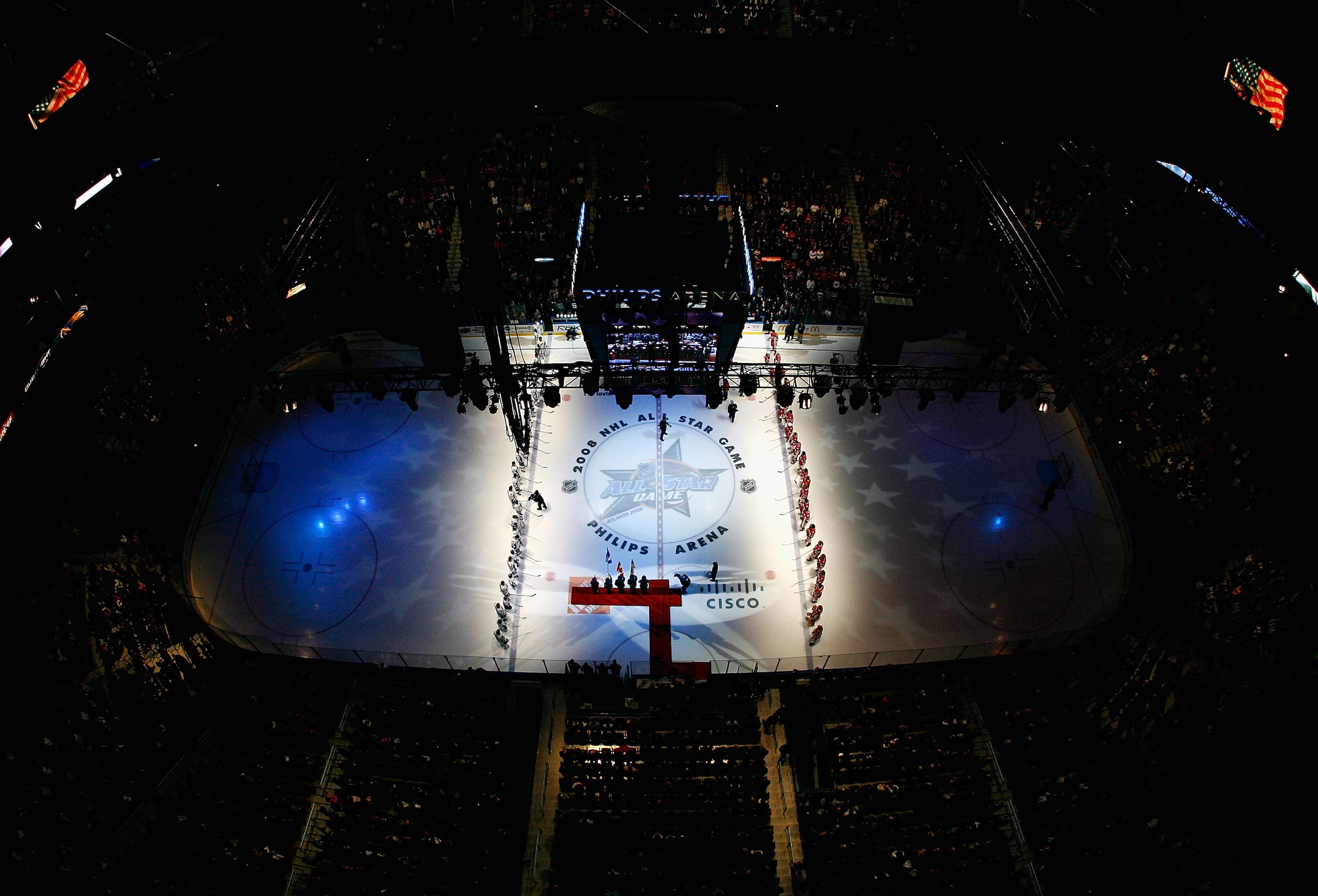 ATLANTA - JANUARY 27: The Eastern Conference All-Stars and Western Conference All-Stars stand on the ice during the national anthem during the 56th NHL All-Star Game at Philips Arena on January 27, 2008 in Atlanta, Georgia. (Photo by Kevin C. Cox/Getty ATLANTA - JANUARY 27: The Eastern Conference All-Stars and Western Conference All-Stars stand on the ice during the national anthem during the 56th NHL All-Star Game at Philips Arena on January 27, 2008 in Atlanta, Georgia. (Photo by Kevin C. Cox/Getty