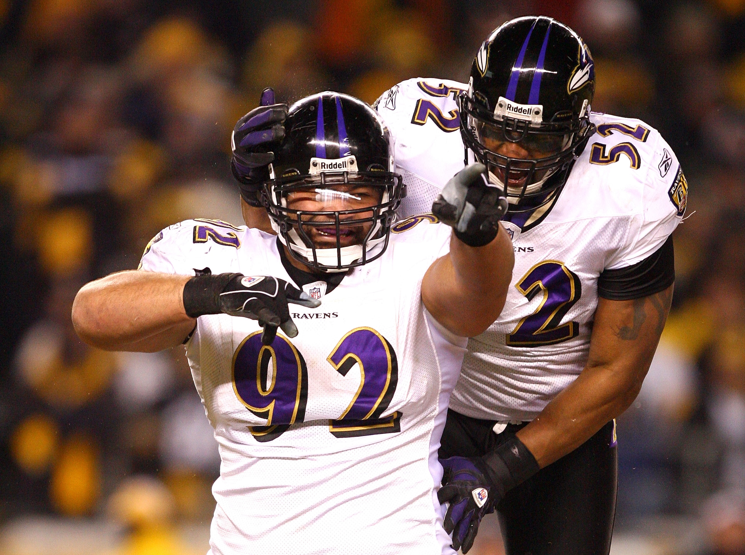 PITTSBURGH - JANUARY 18:  Haloti Ngata #92 and Ray Lewis #52 of the Baltimore Ravens celebrate after Ngata recorded a sack in the first quarter against the Pittsburgh Steelers during the AFC Championship game on January 18, 2009 at Heinz Field in Pittsbur