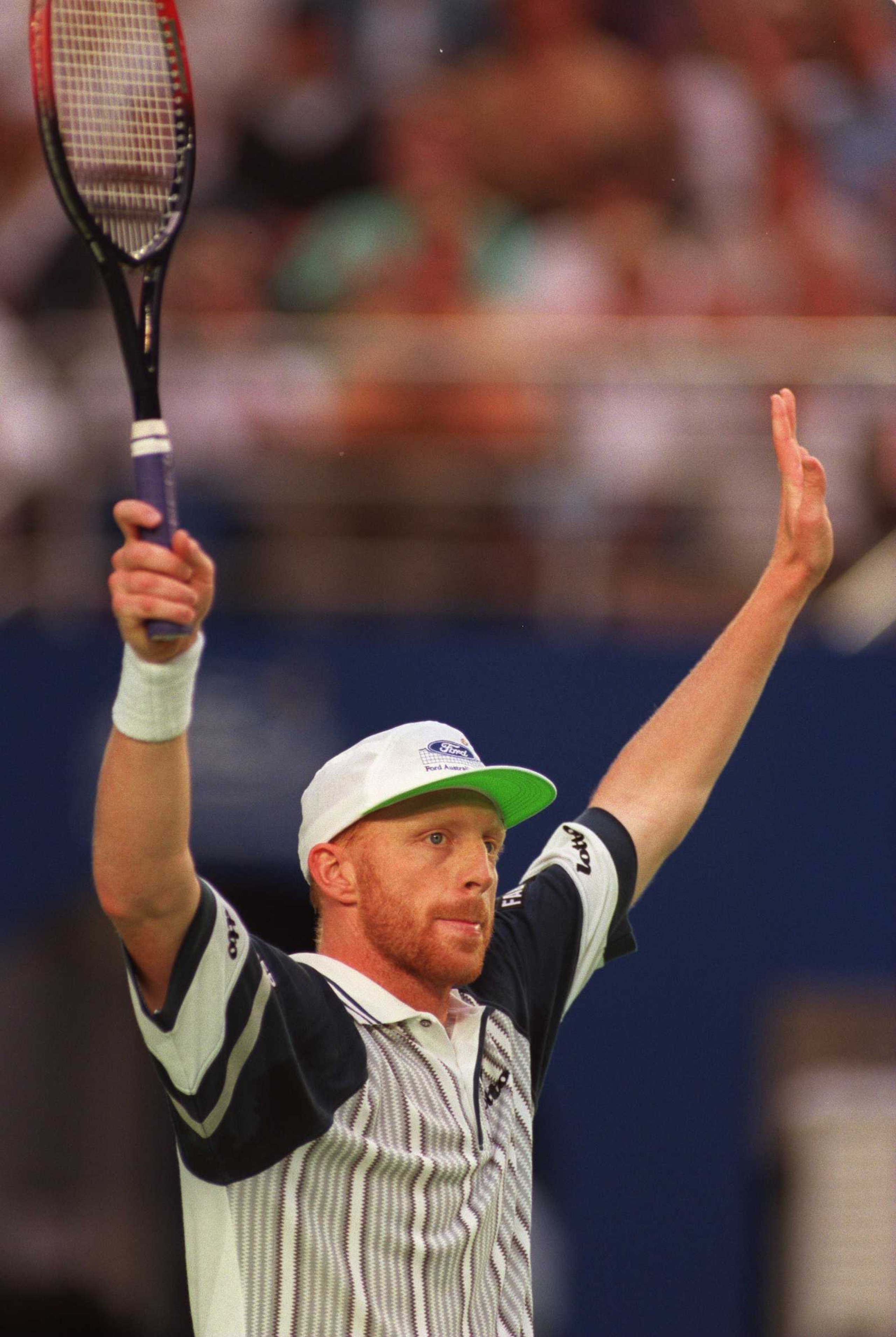 26 Jan 1996:  Boris Becker of Germany celebrates after his semifinal match against Mark Woodforde of Australia at the Ford Australian Open at Flinders Park Melbourne, Australia. Becker beat Woodforde in straight sets 6-4, 6-2, 6-0. Mandatory Credit: PhilC