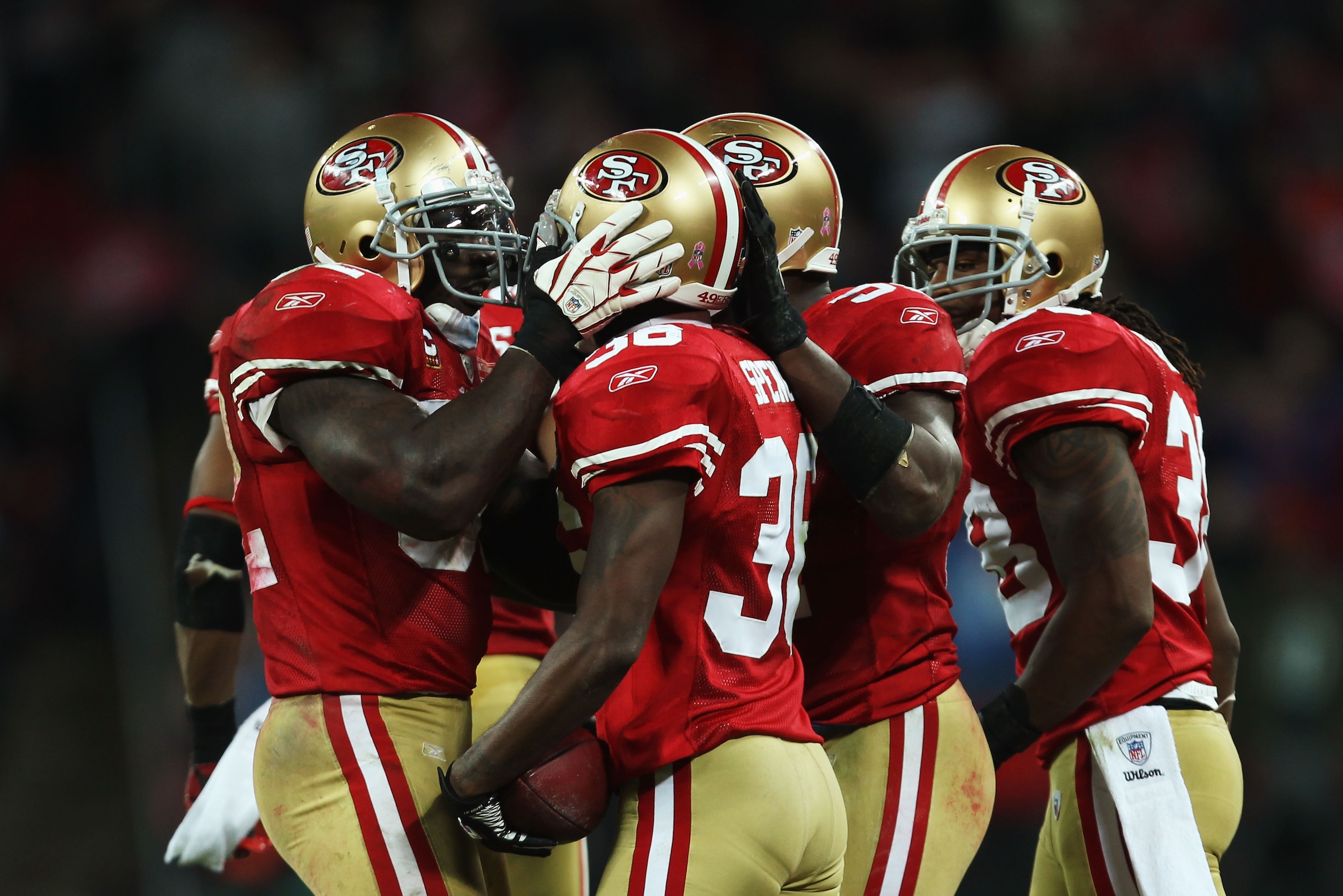 LONDON, ENGLAND - OCTOBER 31:  Shawntae Spencer #36 of San Francisco 49ers is congratulated after an interception during the NFL International Series match between Denver Broncos and San Francisco 49ers at Wembley Stadium on October 31, 2010 in London, En