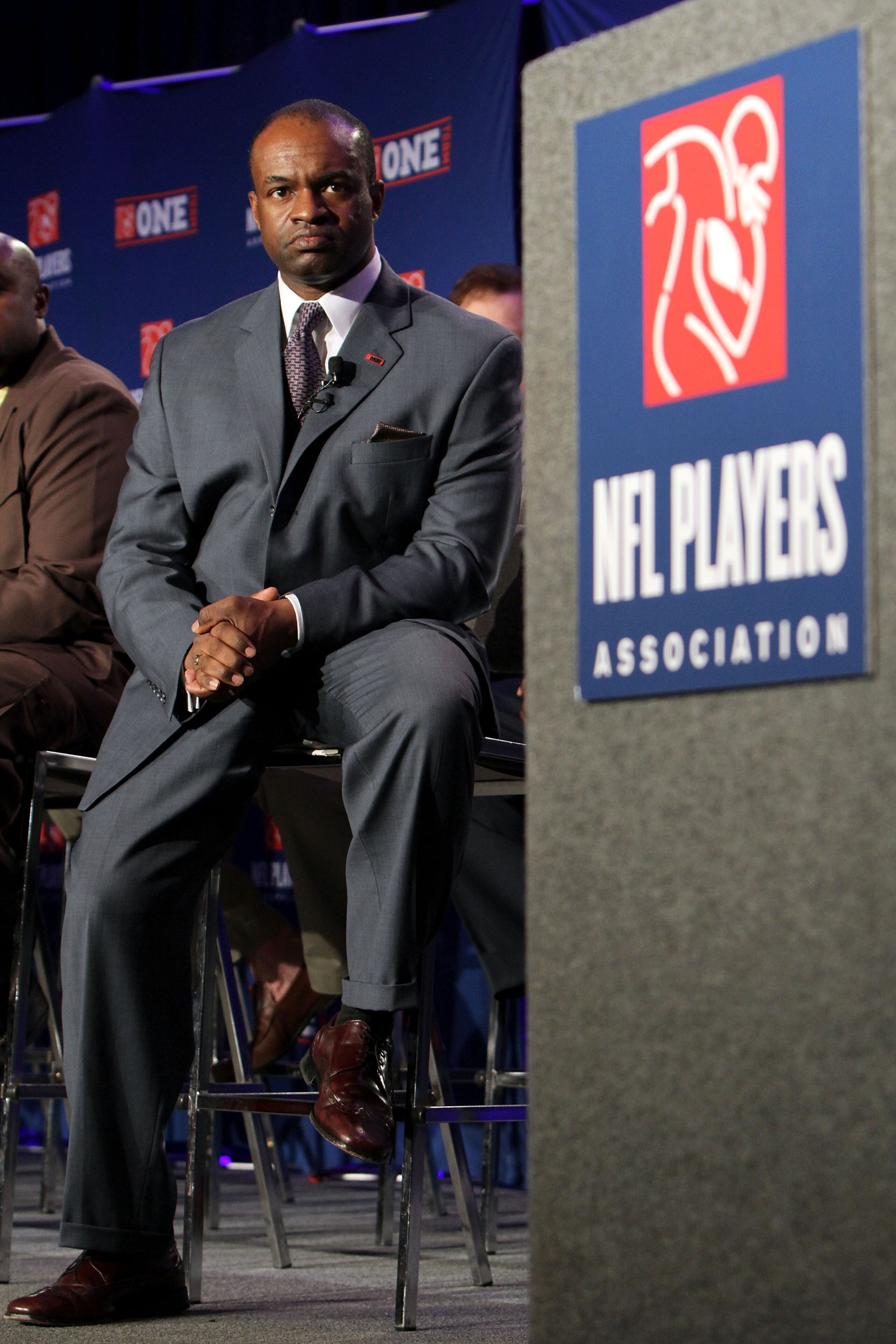 FORT LAUDERDALE, FL - FEBRUARY 04:  DeMaurice Smith, NFL Player's Association Executive Director, looks on during the NFL Player's Association Press Conference held at the Fort Lauderdale Convention Center as part of media week for Super Bowl XLIV on Febr