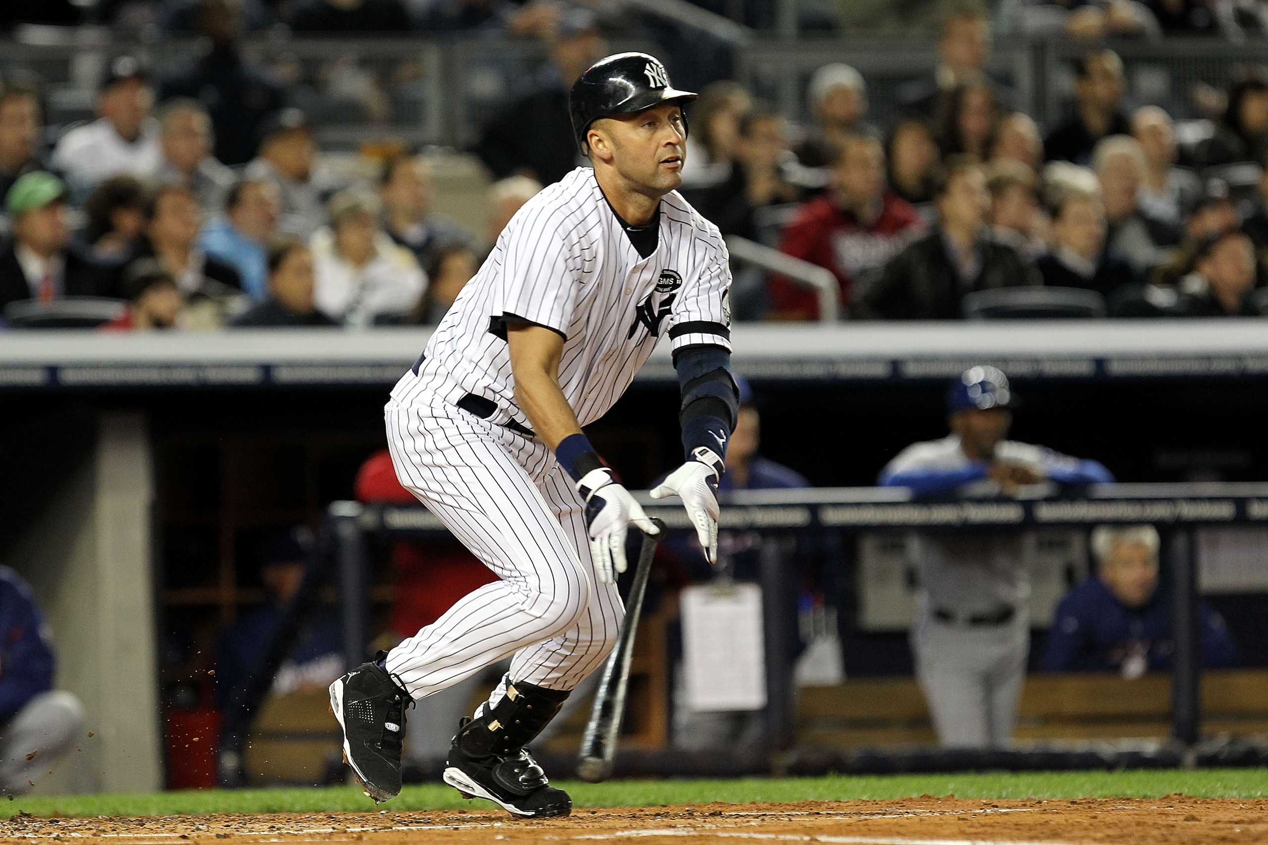NEW YORK - OCTOBER 18: Derek Jeter #2 of the New York Yankees bats against the Texas Rangers in Game Three of the ALCS during the 2010 MLB Playoffs at Yankee Stadium on October 18, 2010 in New York, New York. The Rangers won 8-0. (Photo by Al Bello/Getty NEW YORK - OCTOBER 18: Derek Jeter #2 of the New York Yankees bats against the Texas Rangers in Game Three of the ALCS during the 2010 MLB Playoffs at Yankee Stadium on October 18, 2010 in New York, New York. The Rangers won 8-0. (Photo by Al Bello/Getty