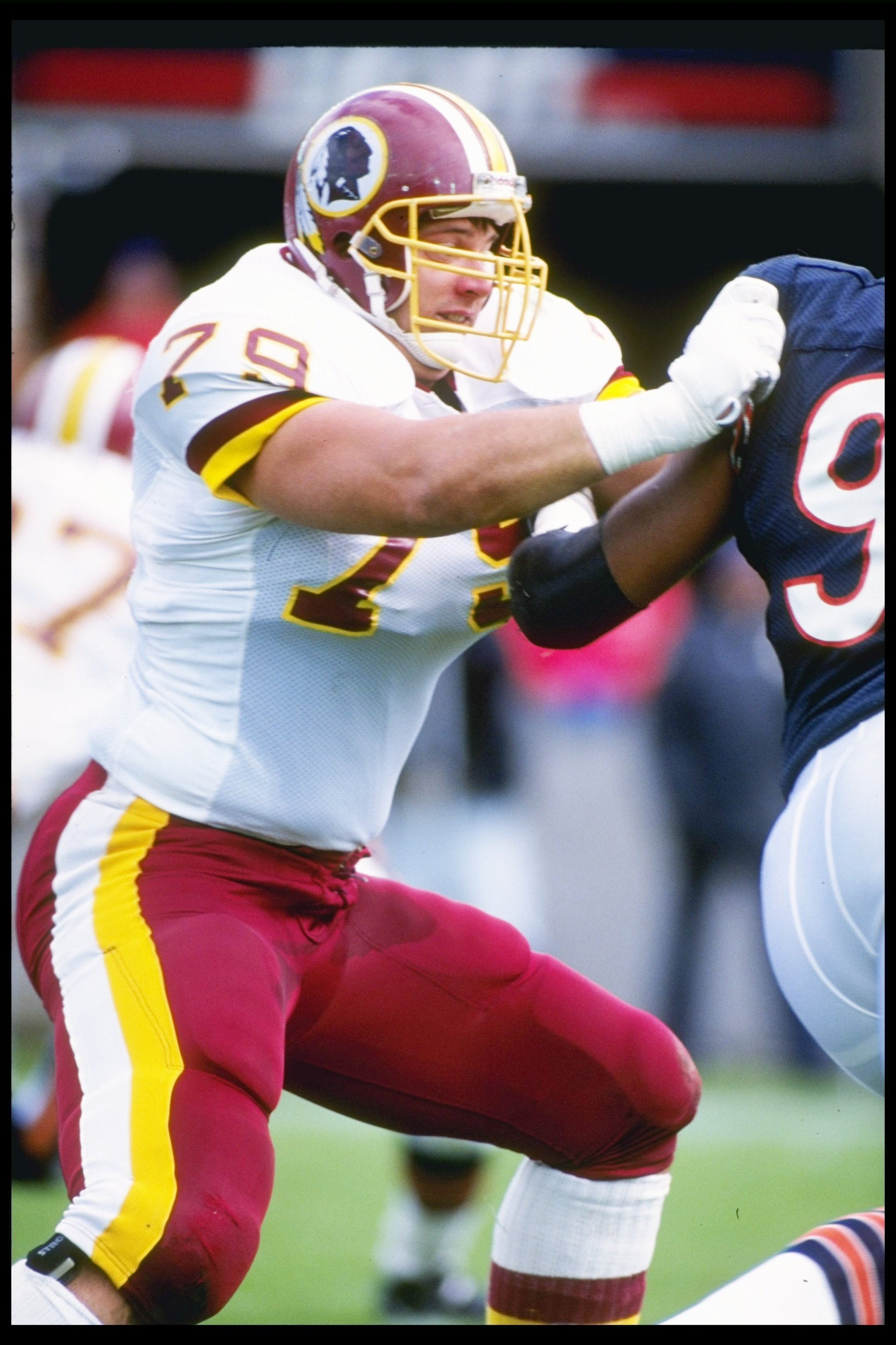 6 Oct 1991:  Offensive lineman Jim Lachey of the Washington Redskins blocks a Chicago Bears player during a game at Soldier Field in Chicago, Illinois.  The Redskins won the game, 20-7. Mandatory Credit: Jonathan Daniel  /Allsport