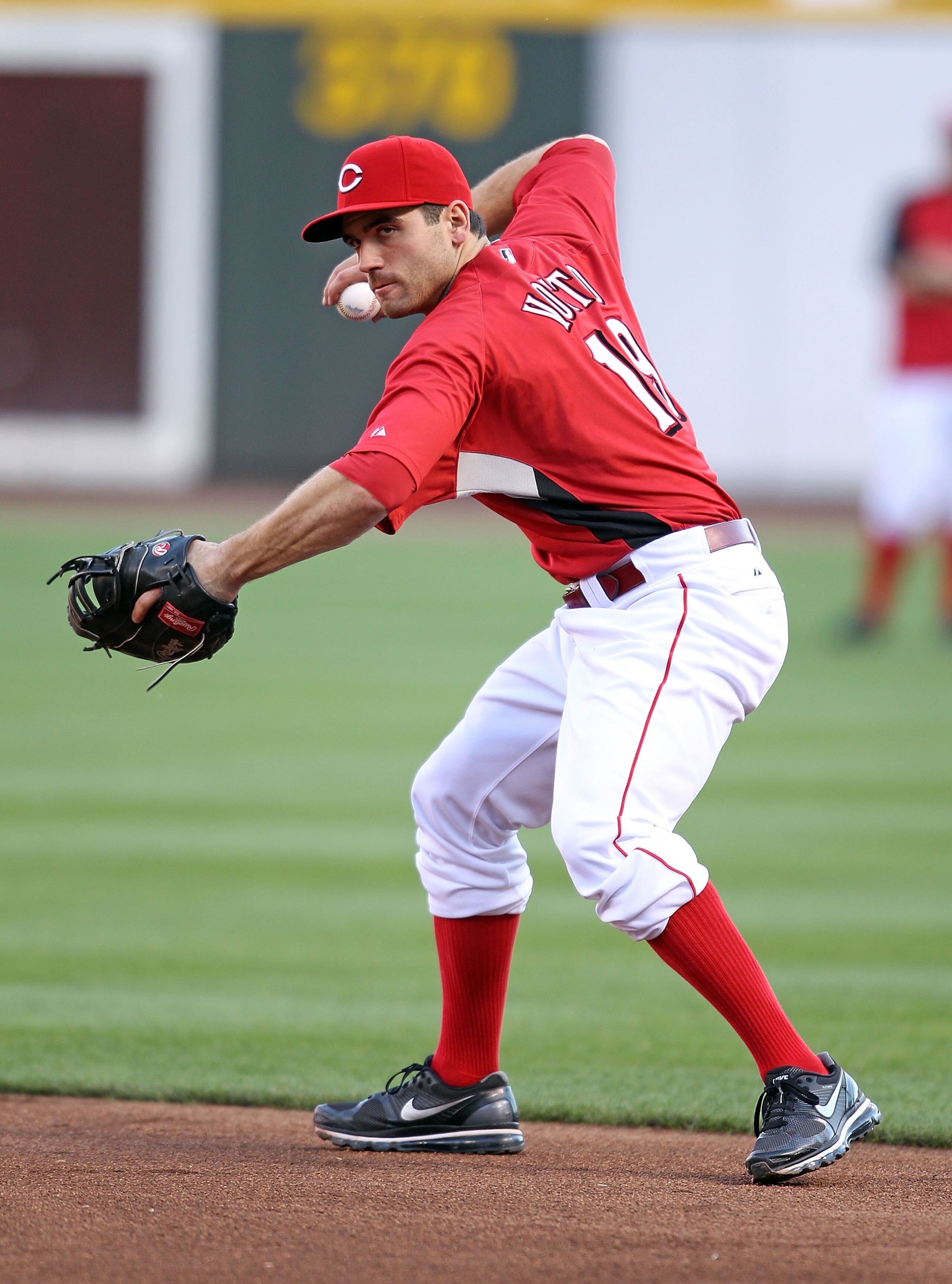 CINCINNATI - OCTOBER 10: Joey Votto #19 of the Cincinnati Reds participates in batting practice before the start of Game 3 of the NLDS against the Philadelphia Phillies at Great American Ball Park on October 10, 2010 in Cincinnati, Ohio. (Photo by And CINCINNATI - OCTOBER 10: Joey Votto #19 of the Cincinnati Reds participates in batting practice before the start of Game 3 of the NLDS against the Philadelphia Phillies at Great American Ball Park on October 10, 2010 in Cincinnati, Ohio. (Photo by And