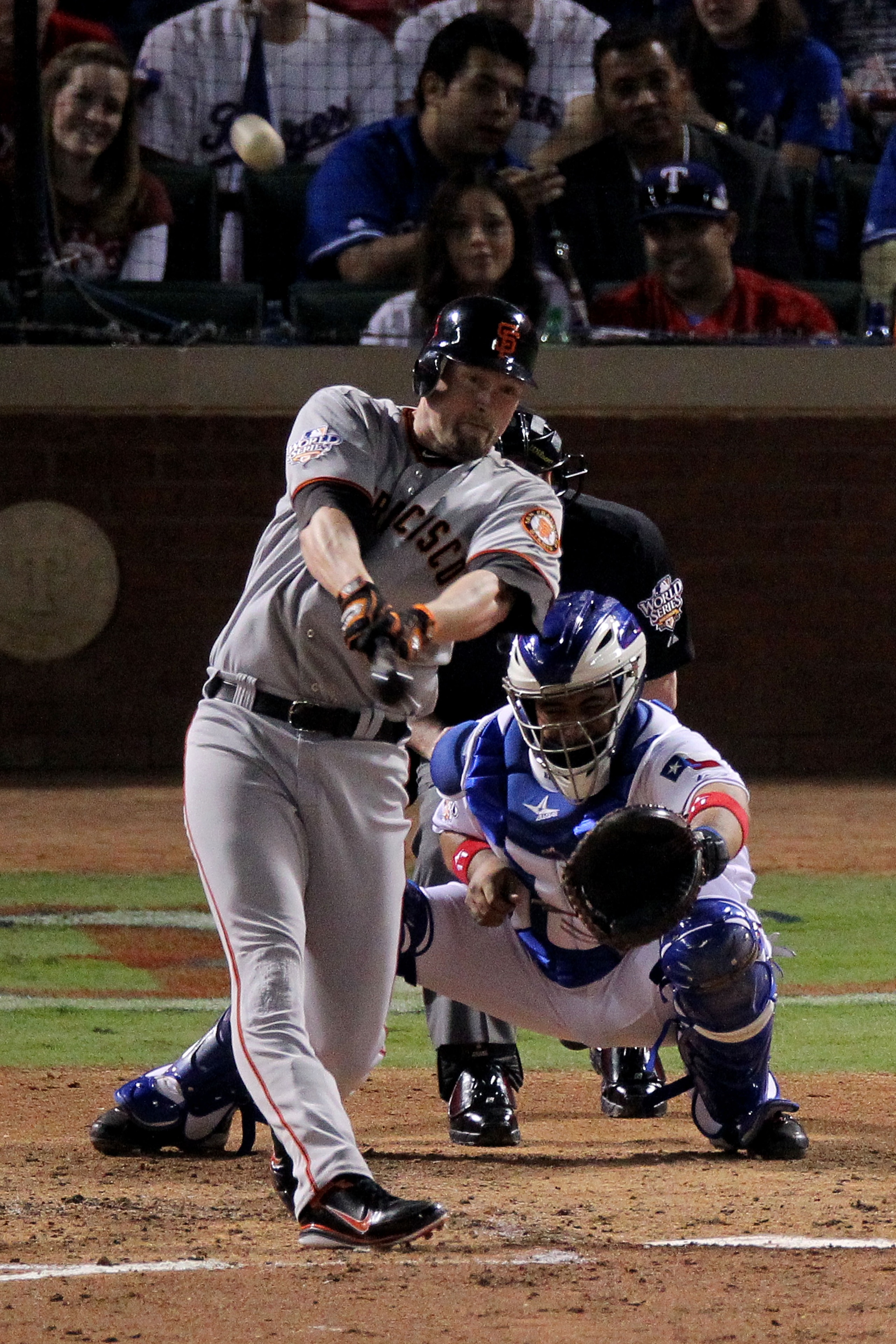 ARLINGTON, TX - OCTOBER 31: Aubrey Huff #17 of the San Francisco Giants hits a 2-run home run against the Texas Rangers in the top of the third inning of Game Four of the 2010 MLB World Series at Rangers Ballpark in Arlington on October 31, 2010 in Arlin ARLINGTON, TX - OCTOBER 31: Aubrey Huff #17 of the San Francisco Giants hits a 2-run home run against the Texas Rangers in the top of the third inning of Game Four of the 2010 MLB World Series at Rangers Ballpark in Arlington on October 31, 2010 in Arlin