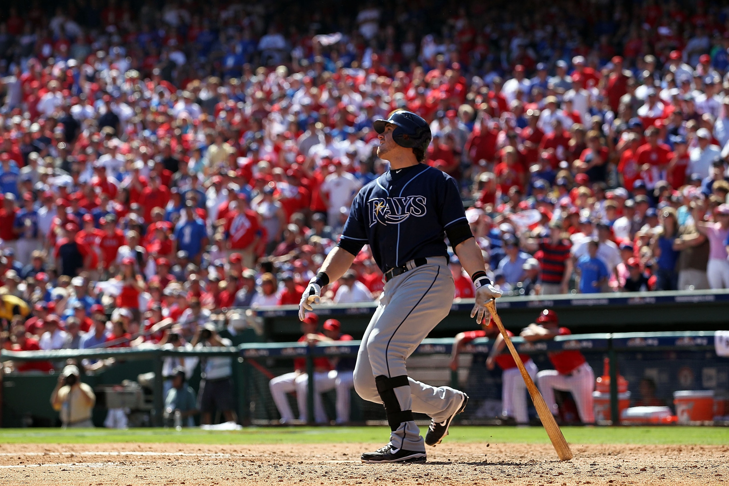 ARLINGTON, TX - OCTOBER 10: Evan Longoria #3 of the Tampa Bay Rays hits a two run homerun against the Texas Rangers in the 5th inning during game 4 of the ALDS at Rangers Ballpark in Arlington on October 10, 2010 in Arlington, Texas. (Photo by Ronald Ma ARLINGTON, TX - OCTOBER 10: Evan Longoria #3 of the Tampa Bay Rays hits a two run homerun against the Texas Rangers in the 5th inning during game 4 of the ALDS at Rangers Ballpark in Arlington on October 10, 2010 in Arlington, Texas. (Photo by Ronald Ma