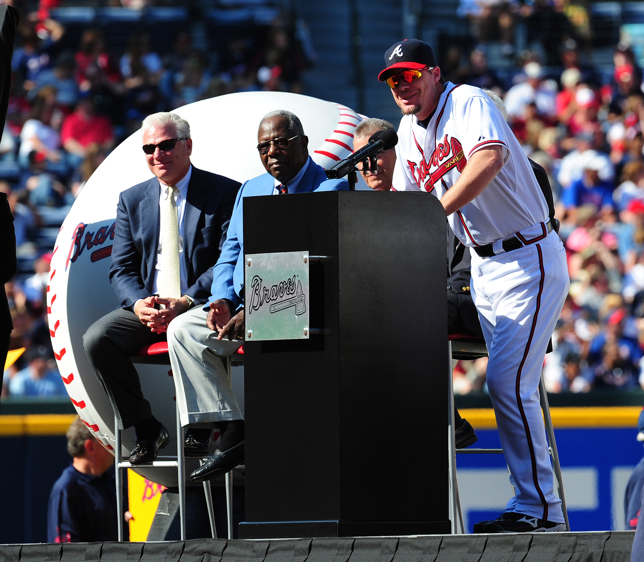ATLANTA - OCTOBER 2: Chipper Jones #10 the Atlanta Braves speaks during a ceremony for retiring Manager Bobby Cox before the game against the Philadelphia Phillies at Turner Field on October 2, 2010 in Atlanta, Georgia. (Photo by Scott Cunningham/Getty I ATLANTA - OCTOBER 2: Chipper Jones #10 the Atlanta Braves speaks during a ceremony for retiring Manager Bobby Cox before the game against the Philadelphia Phillies at Turner Field on October 2, 2010 in Atlanta, Georgia. (Photo by Scott Cunningham/Getty I