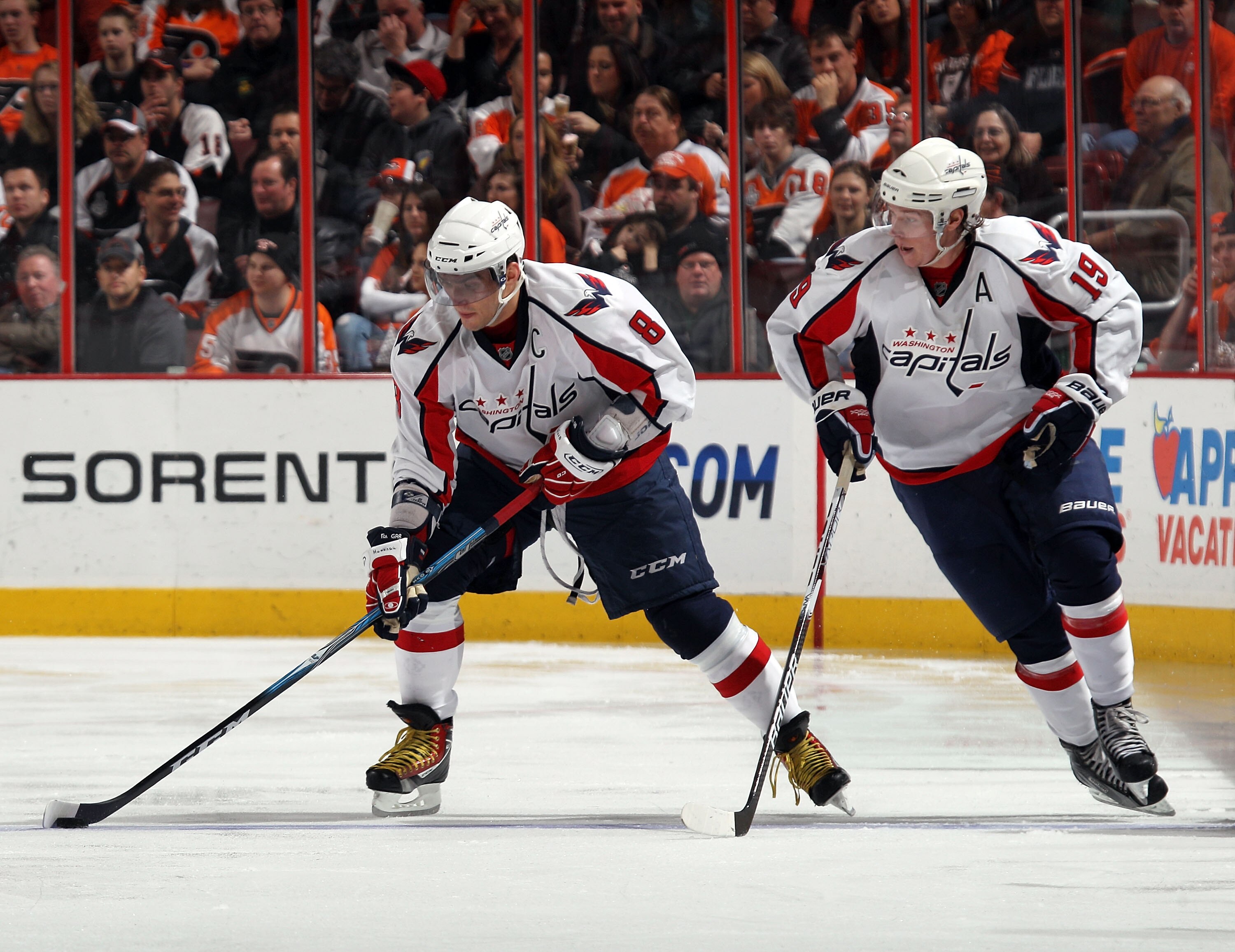 PHILADELPHIA, PA - JANUARY 18: Alex Ovechkin #8 and Nicklas Backstrom #19 of the Washington skate against the Philadelphia Flyers at the Wells Fargo Center on January 18, 2011 in Philadelphia, Pennsylvania. (Photo by Bruce Bennett/Getty Images)