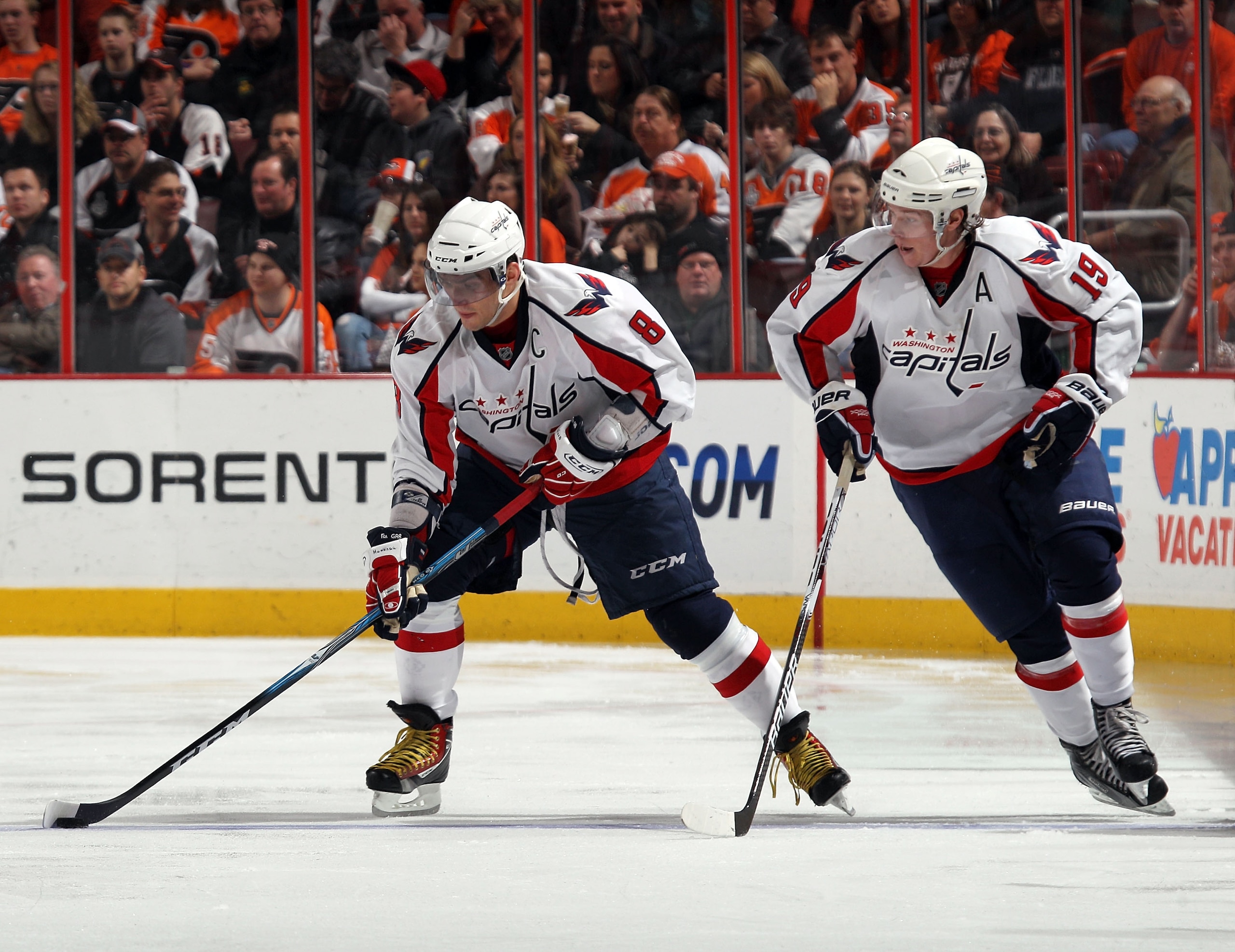 PHILADELPHIA, PA - JANUARY 18: Alex Ovechkin #8 and Nicklas Backstrom #19 of the Washington skate against the Philadelphia Flyers at the Wells Fargo Center on January 18, 2011 in Philadelphia, Pennsylvania. (Photo by Bruce Bennett/Getty Images)