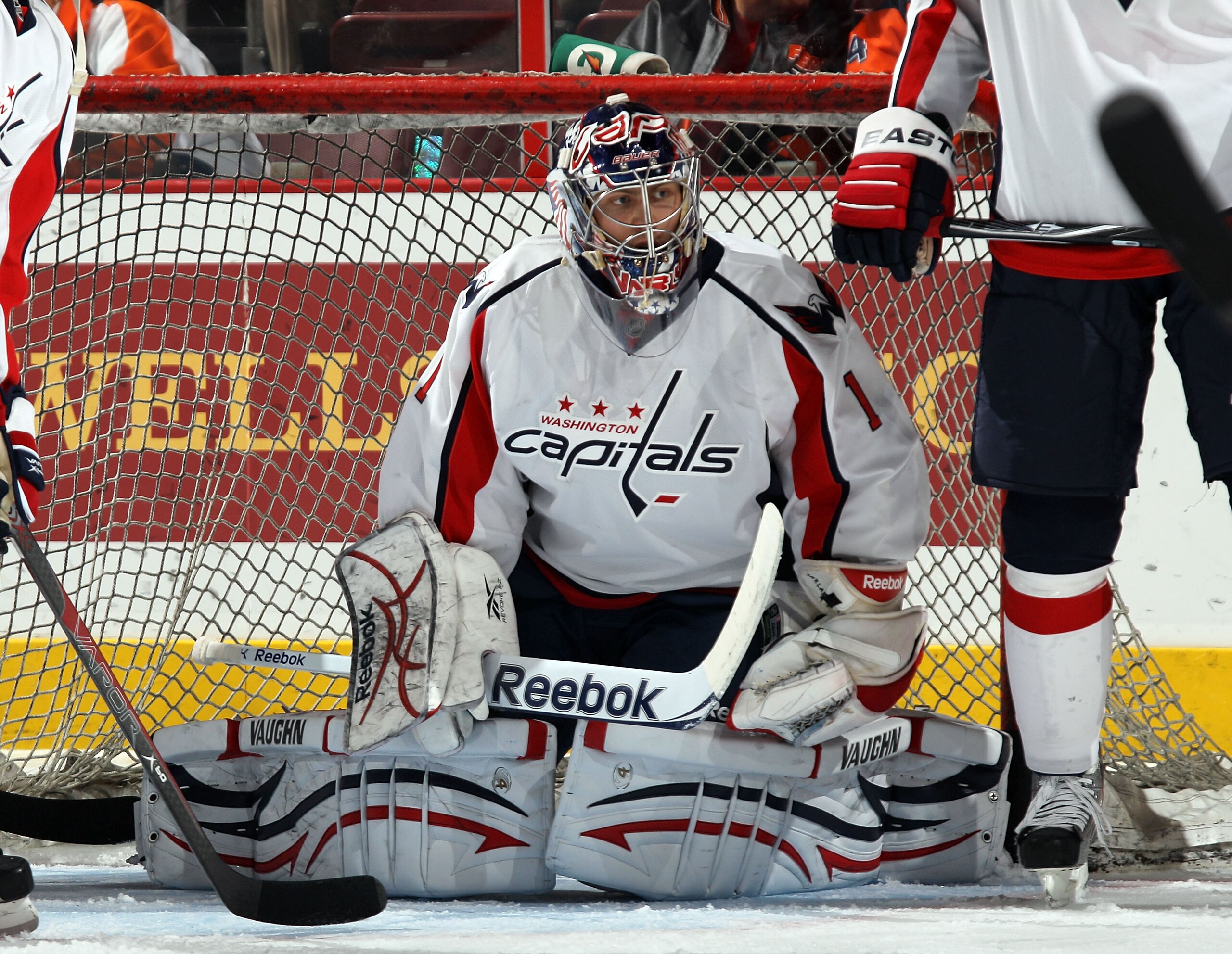 PHILADELPHIA, PA - JANUARY 18: Semyon Varlamov #1 of the Washington Capitals skates in warmups prior to his game against the Philadelphia Flyers at the Wells Fargo Center on January 18, 2011 in Philadelphia, Pennsylvania.  (Photo by Bruce Bennett/Getty Im