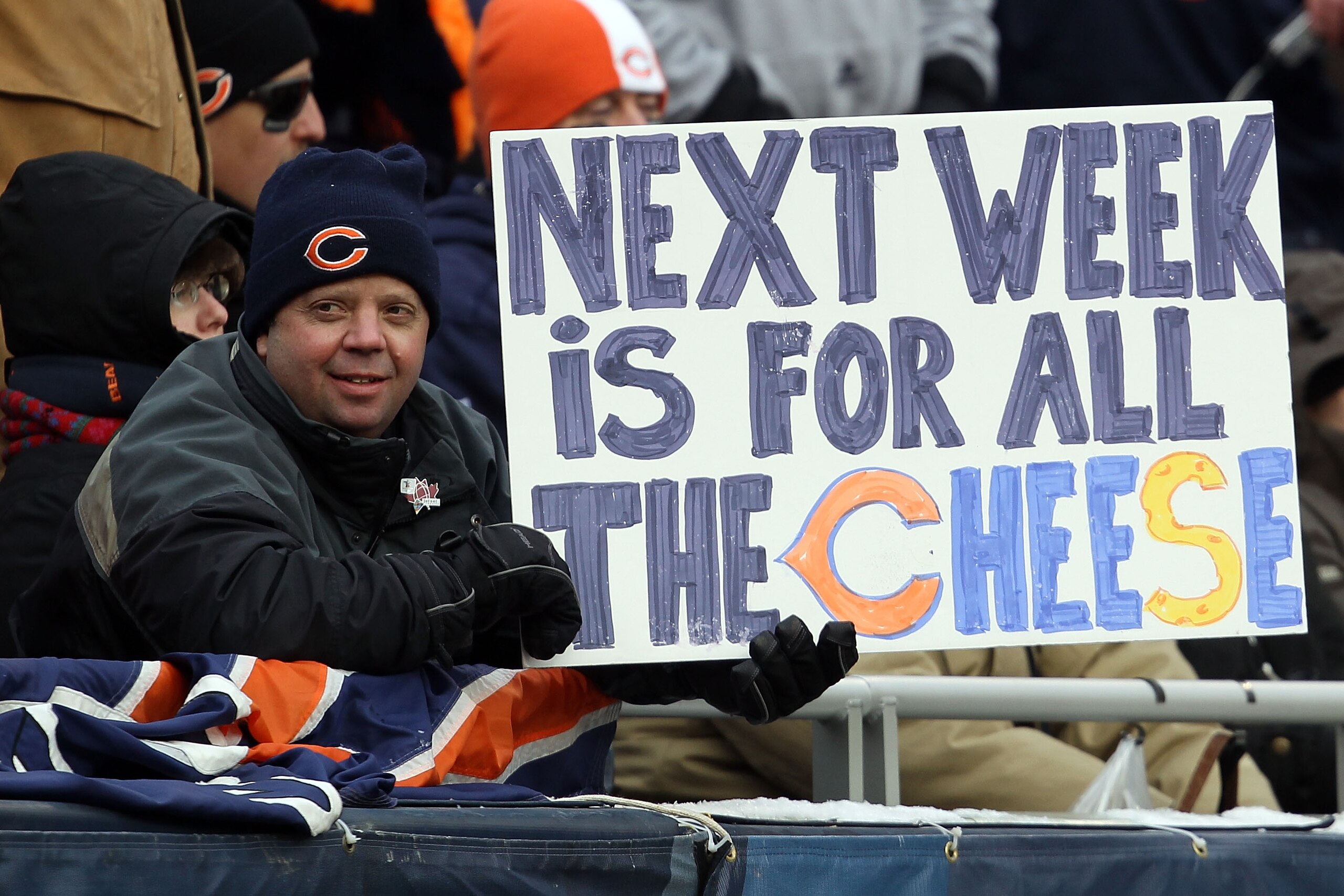 CHICAGO, IL - JANUARY 16: A Chicago Bears fan holds up a sign previewing next week's NFC championship game between the Bears and the Green Bay Packers at Soldier Field on January 16, 2011 in Chicago, Illinois. (Photo by Jonathan Daniel/Getty Images) CHICAGO, IL - JANUARY 16: A Chicago Bears fan holds up a sign previewing next week's NFC championship game between the Bears and the Green Bay Packers at Soldier Field on January 16, 2011 in Chicago, Illinois. (Photo by Jonathan Daniel/Getty Images)