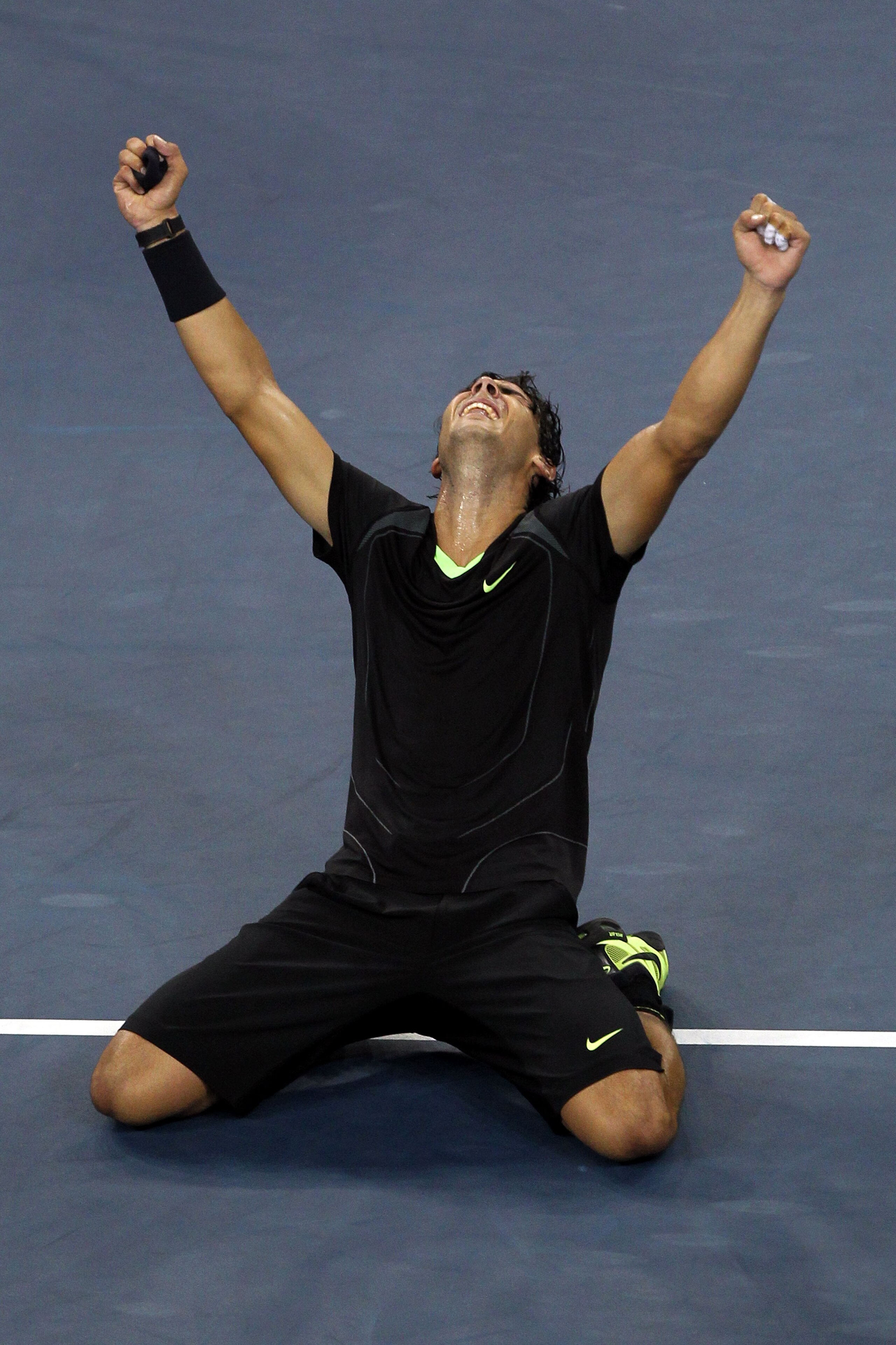 NEW YORK - SEPTEMBER 13:  Rafael Nadal of Spain falls to his knees in celebration of his win over Novak Djokovic of Serbia during their men's singles final on day fifteen of the 2010 U.S. Open at the USTA Billie Jean King National Tennis Center on Septemb