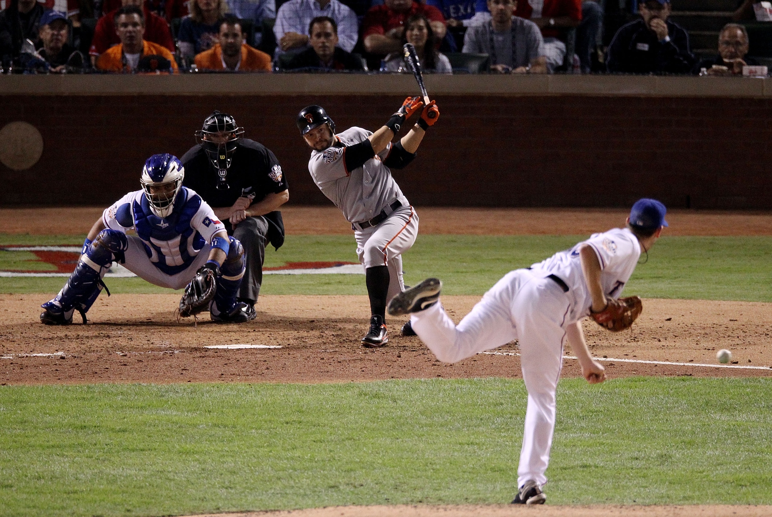 ARLINGTON, TX - NOVEMBER 01:  Cody Ross #13 of the San Francisco Giants hits a single against starting pitcher Cliff Lee #33 of the Texas Rangers in the seventh inning of Game Five of the 2010 MLB World Series at Rangers Ballpark in Arlington on November