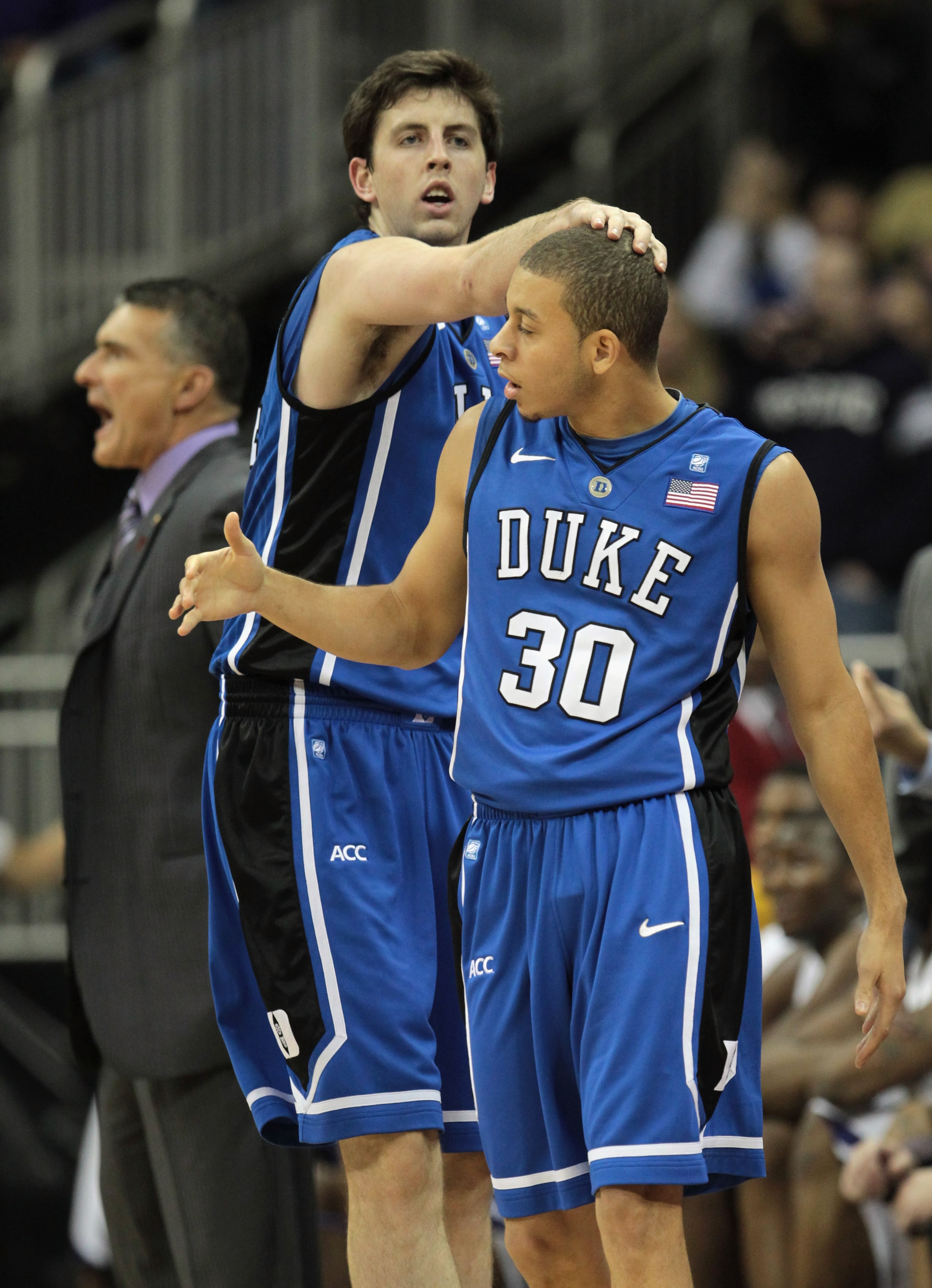 KANSAS CITY, MO - NOVEMBER 23:  Ryan Kelly #34 of the Duke Blue Devils congratulates Seth Curry #30 after scoring during the CBE Classic championship game against the Kansas State Wildcats on November 23, 2010 at the Sprint Center in Kansas City, Missouri